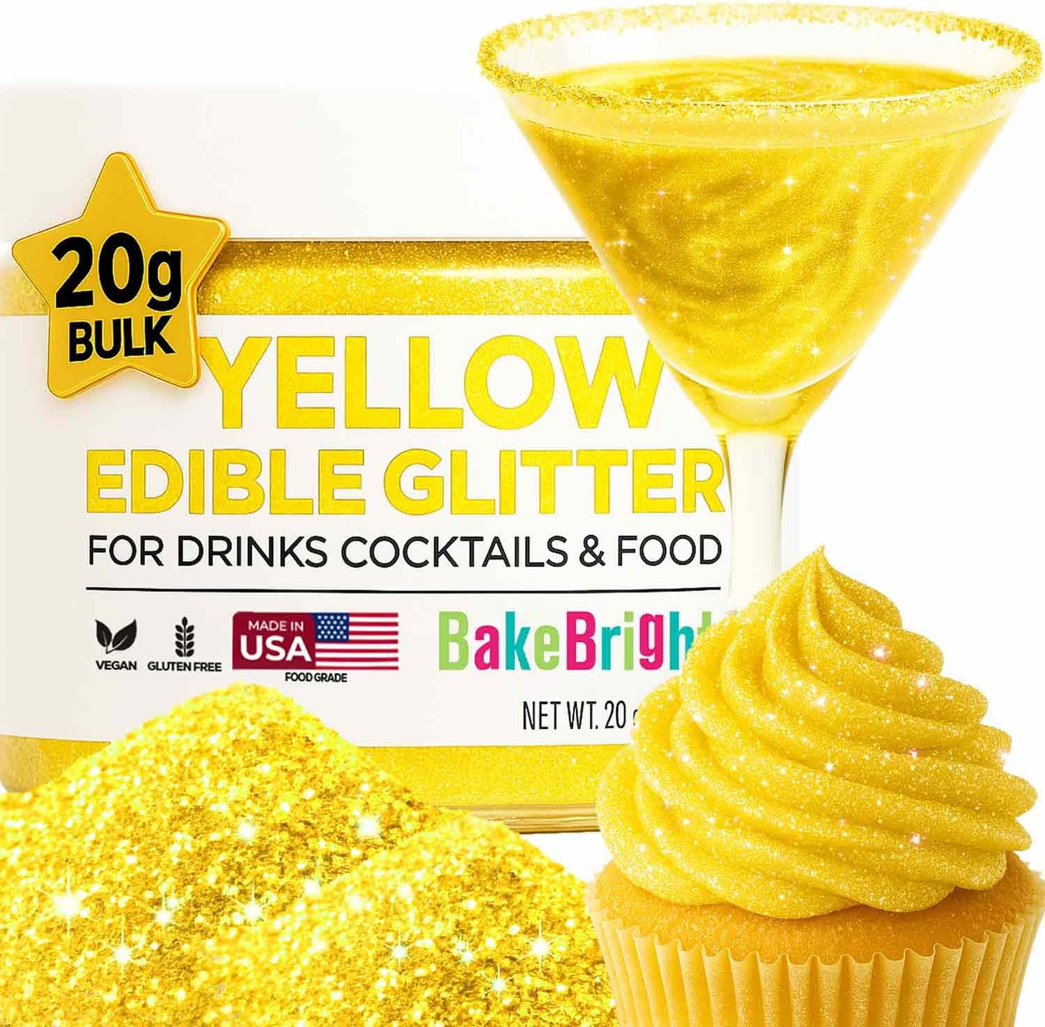 Bulk 20g Yellow Edible Glitter for Drinks | Premium Edible Glitter for Cakes, Cocktails, Yellow Cake Decorating Decorations Food Grade, Vegan, Kosher, Halal, Gluten Free - Made in USA