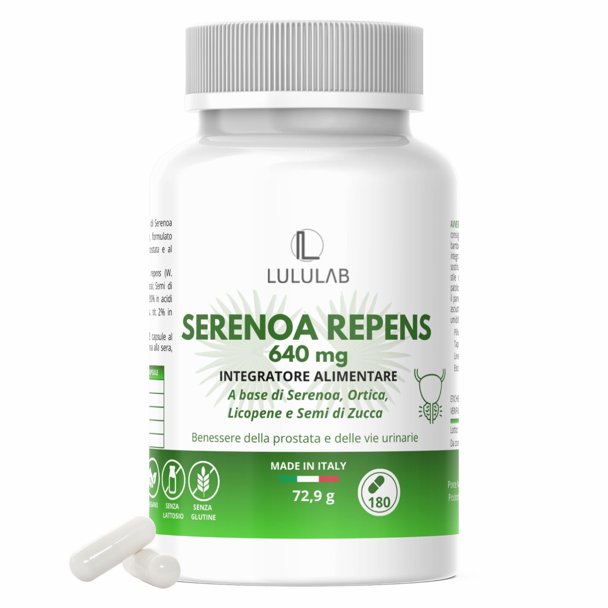 Serenoa Repens Prostata 640 mg per dose giornaliera – Saw Palmetto con Semi di Zucca, Ortica e Licopene – Prostata Integratore Supporto Benessere Maschile – 180 Capsule – Made in Italy – Lululab®
