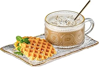 Gezzeny Vintage Coffee Mugs Set, Glass Cups Set with Saucer and Spoon, Clear Embossed Tea Breakfast Dessert Plate for Capp...