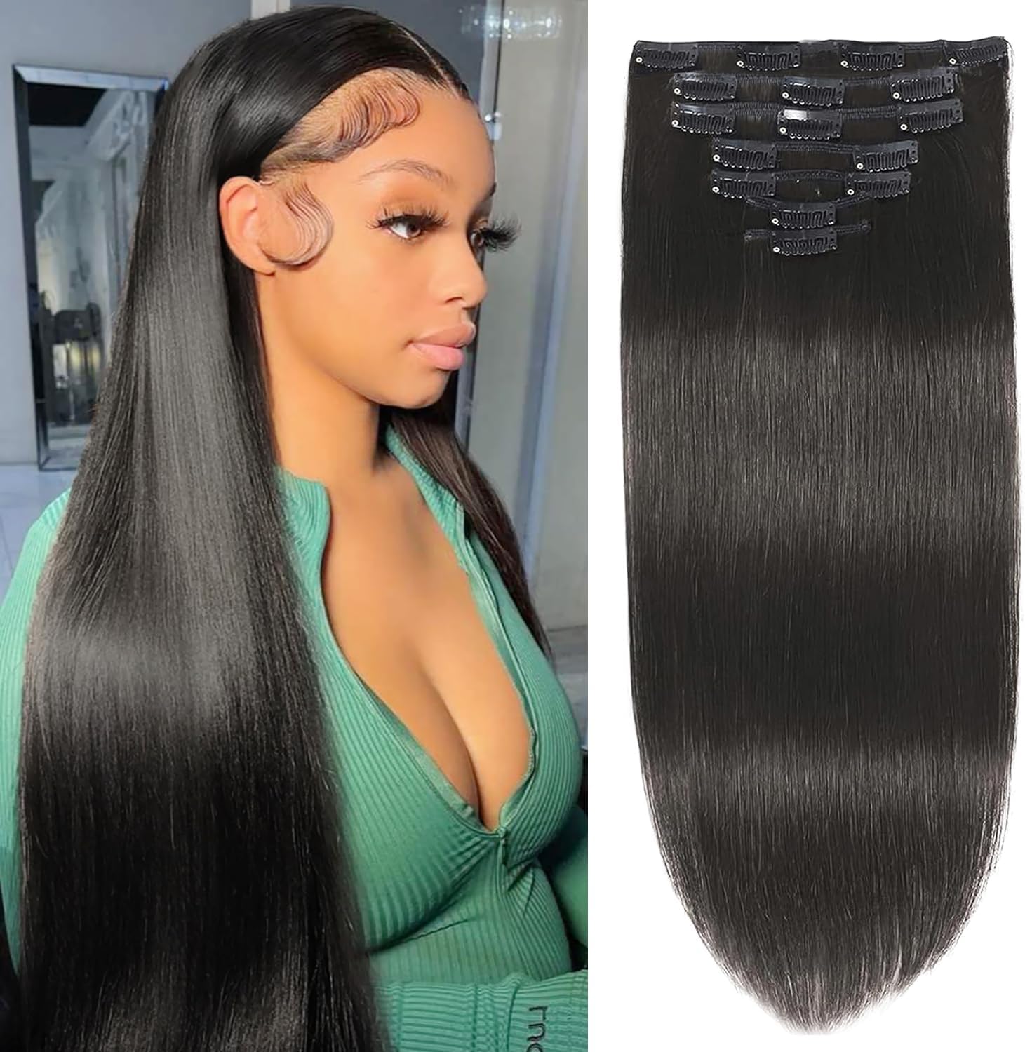 ALLY Clip in Hair Extensions Real Human Hair 100% Brazilian Remy Human Hair Clip in Hair Extensions for Black Women Seamless Straight Clip ins Soft & Natural (#1B Natural Black 16inch 80g)