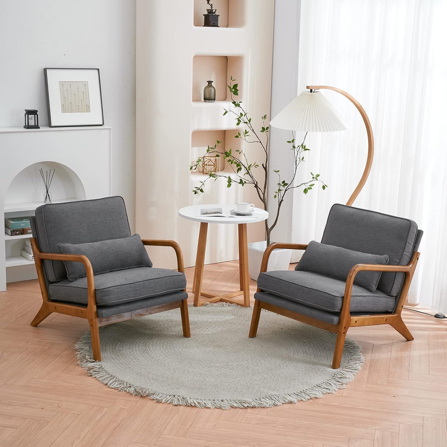 Bonnlo Accent Chair, Soild Wood Padding Lounge Armchairs Set of 2, Occasional Reading Chair with Cushions and Lumbar Pillow, Armchairs for Living Room, Bedroom, Guest Room, Fabric, Deep Grey