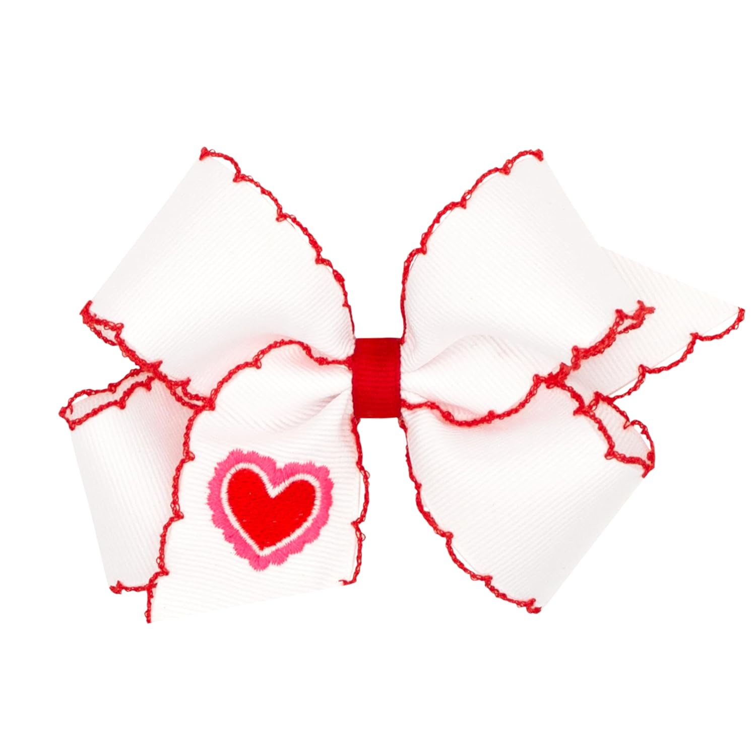 Wee Ones Girls' Heart Embroidered Moonstitch Edge Hair Bow, Medium or King, on WeeStay No-Slip Clip, King, White Red image 3