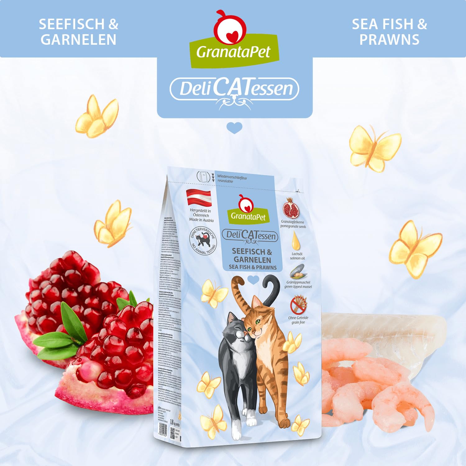Granatapet Delicatessen Karma dla Kotów, Ryby Morskie/Krewetki, 1800 g | Karma pełnoporcjowa, Bez zbóż, Bez dodatku cukru, Tauryna, Olej z łososia i małża nowozelandzka, Made in Austria