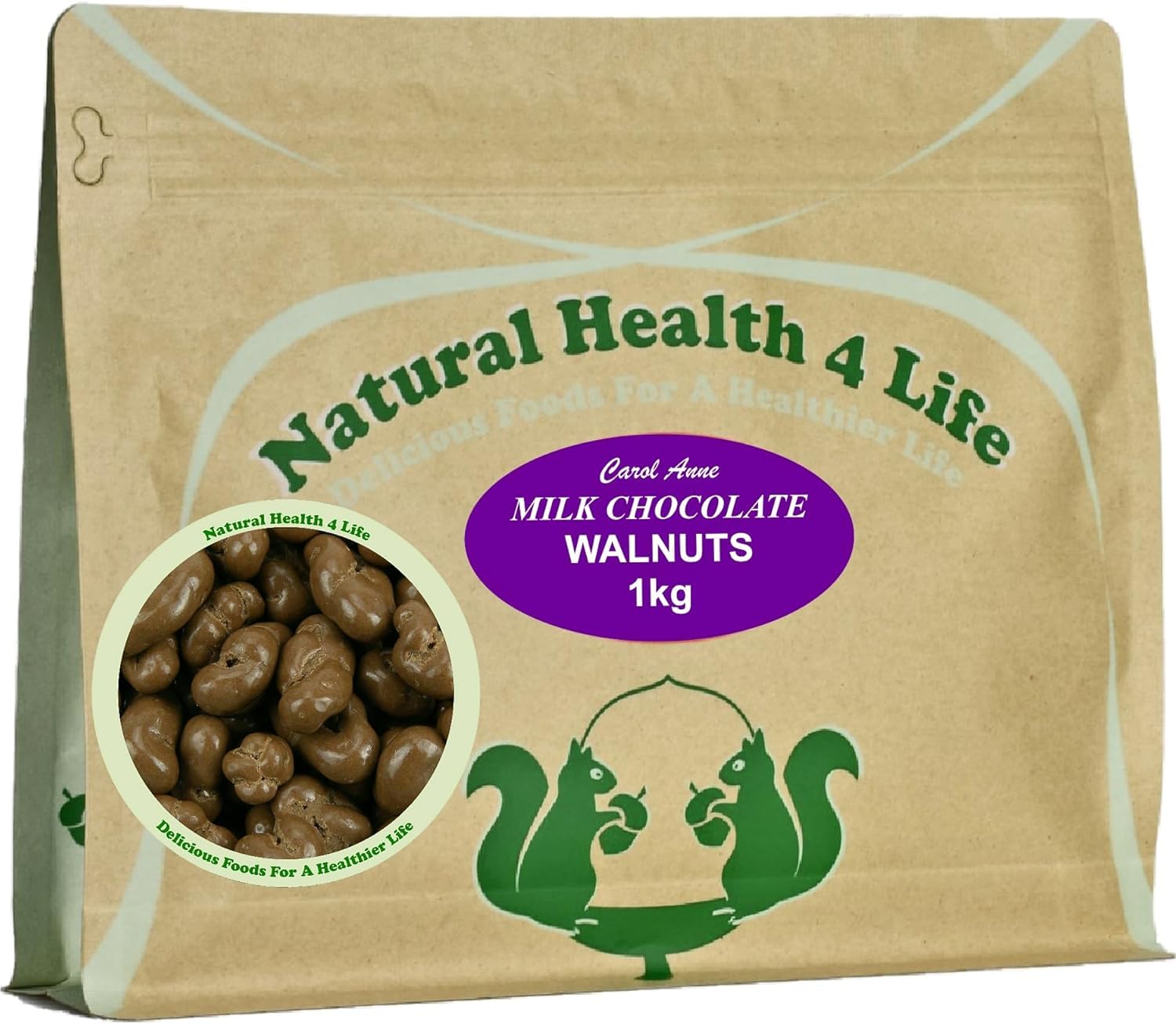 Natural Health 4 Life Carol Anne Confectionery Milk Chocolate Walnuts 1kg, Chocolate Covered Nuts in Resealable Pouch, 9.4g Protein per 100g, ideal for Snacking, Events, Refill Jars β Made in UK