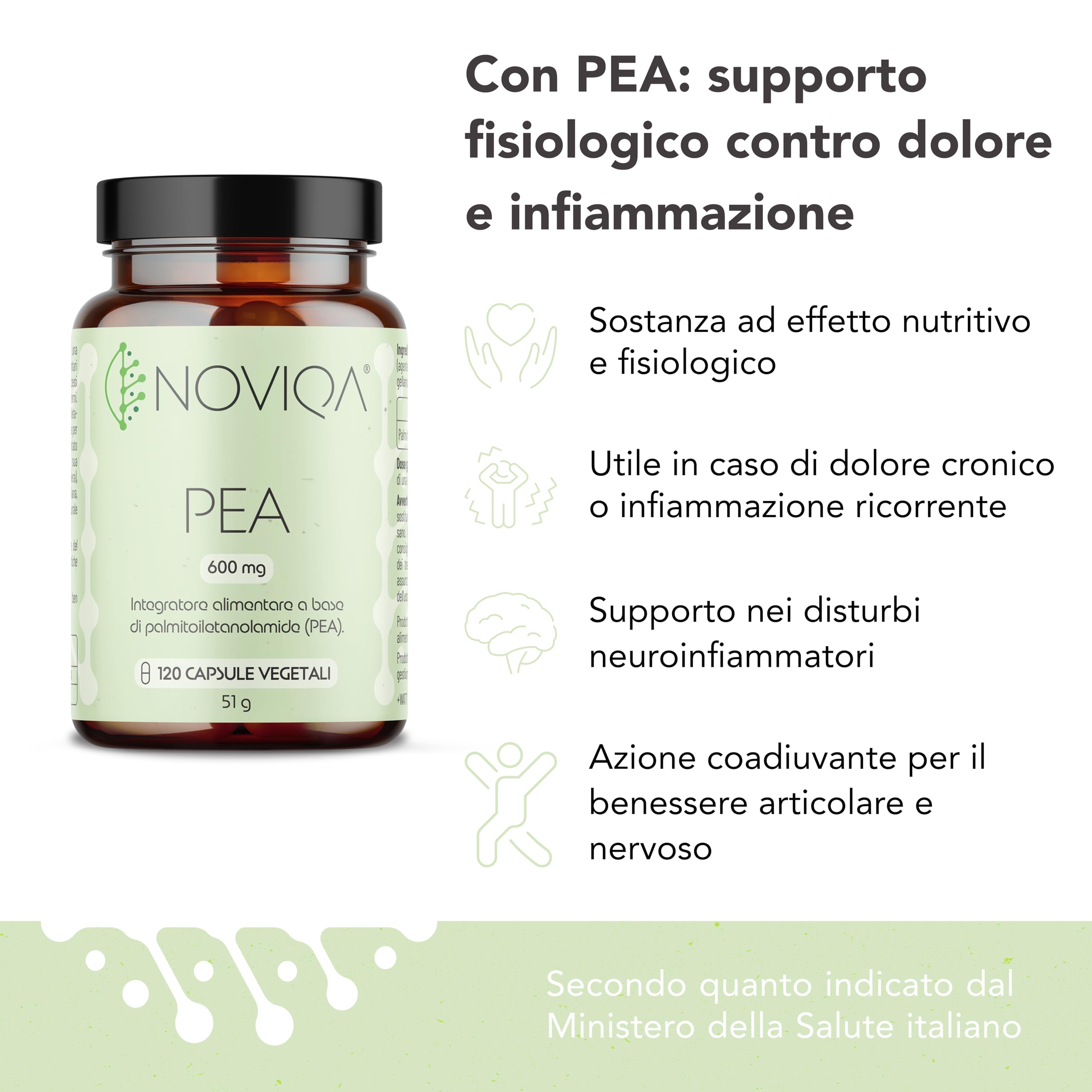 NOVIQA®, PEA Integratore 600 mg, Palmitoiletanolamide Naturale, 120 Capsule Vegane, Supporto per Benessere Articolare e Nervoso, Equilibrio e Concentrazione