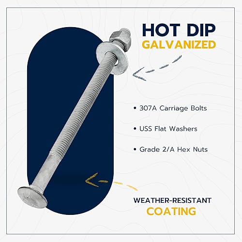 Vista 33 de Kit de pernos de carro galvanizado de 1/2 x 10 pulgadas (25 unidades), grado 307A, incluye arandelas planas USS de 1/2 pulgada (25 piezas) y tuercas