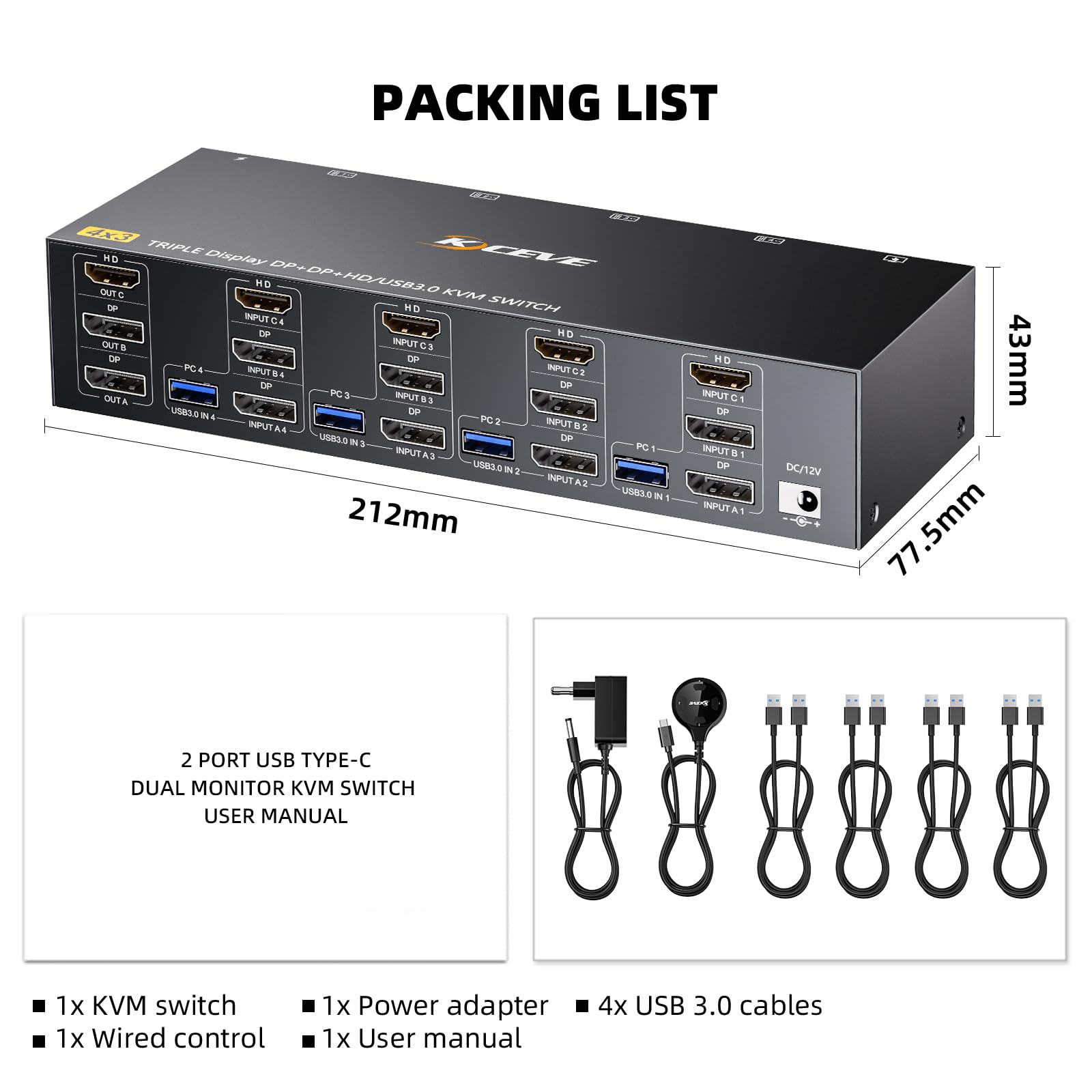 Przełącznik KVM 3 monitory 4 PC, Displayport HDMI USB 3.0 Przełącznik KVM do dwóch monitorów, obsługuje 4K przy 60 Hz, dla 3 komputerów z 2 monitorami DP, klawiaturą i myszką