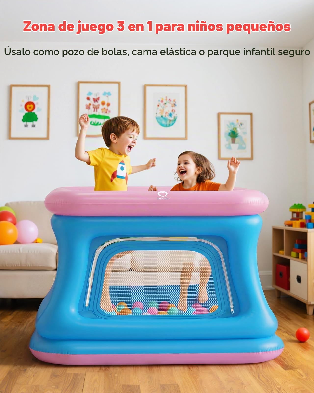 QPAU 3 en 1 - Pozo y cama elástica para niños pequeños, castillo hinchable con red de seguridad, juguetes al aire libre para niños pequeños de 1 a 3, casa de rebote interior, patio de juegos para