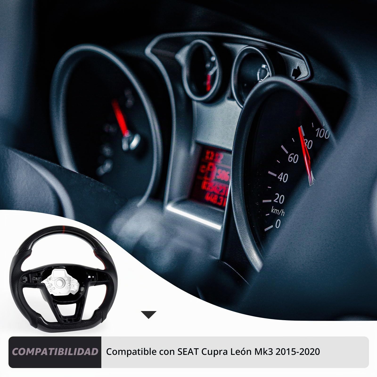 Volante de fibra de carbono, volante de cuero en forma de D, fondo plano, costuras rojas, volante personalizado, mango de cuero perforado para Seat Cupra Leon MK3 2013-2019