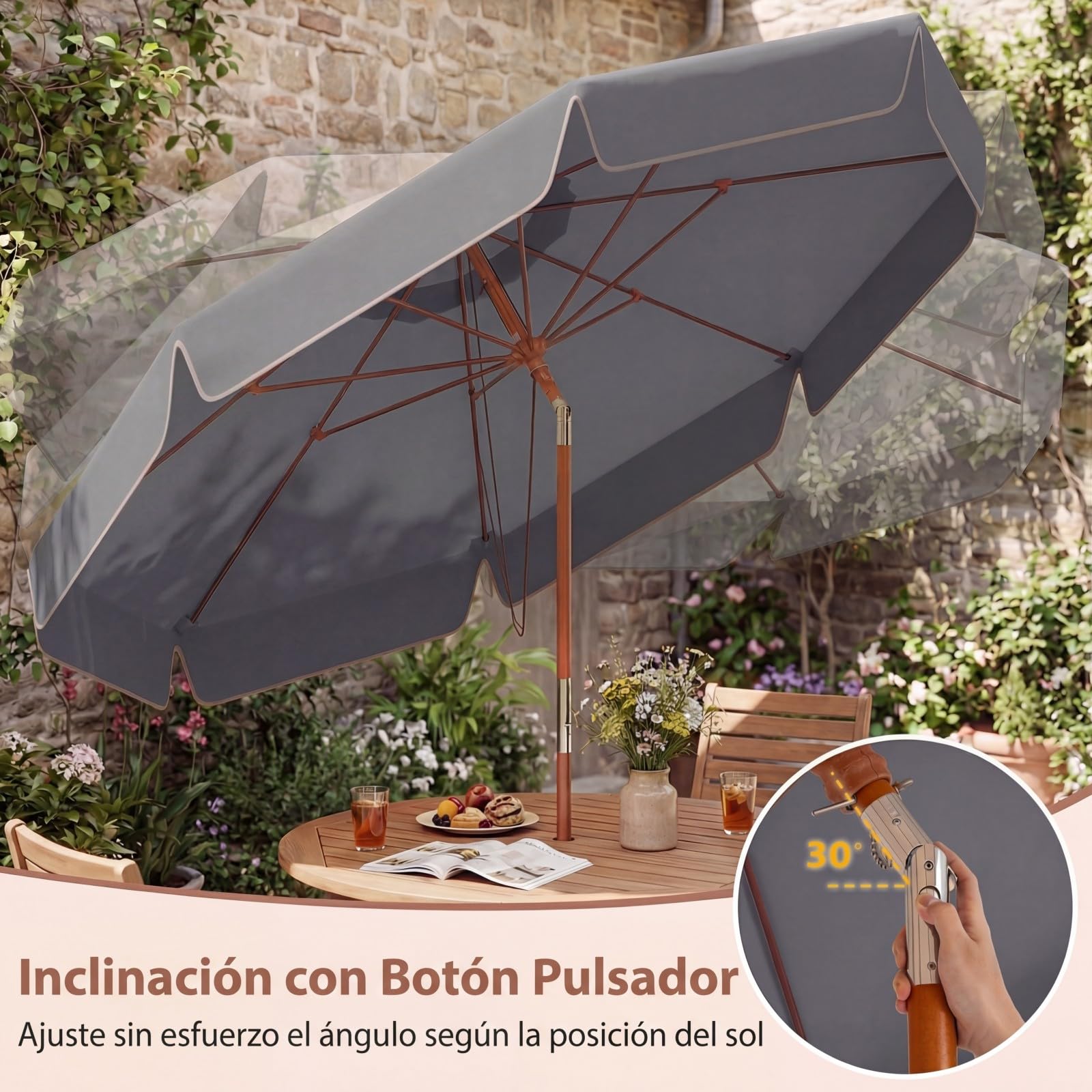 COSTWAY Sombrilla Terraza Exterior 300 cm, Parasol Jardin con Inclinación 30° en Ambos Lados, Mango de Madera, Parte Superior Ventilada, 8 Varillas, Sombrilla de Patio Jardín Playa Piscina
