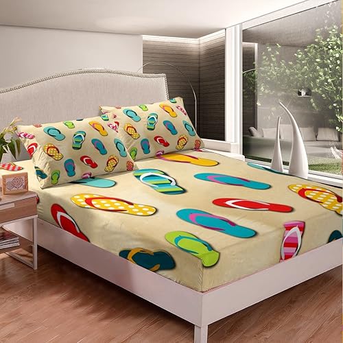 Miniatura 3 de Erosebridal Juego de ropa de cama con temática costera de playa, sábanas con patrón de chanclas, juego de sábanas de verano oceánico, decoración de