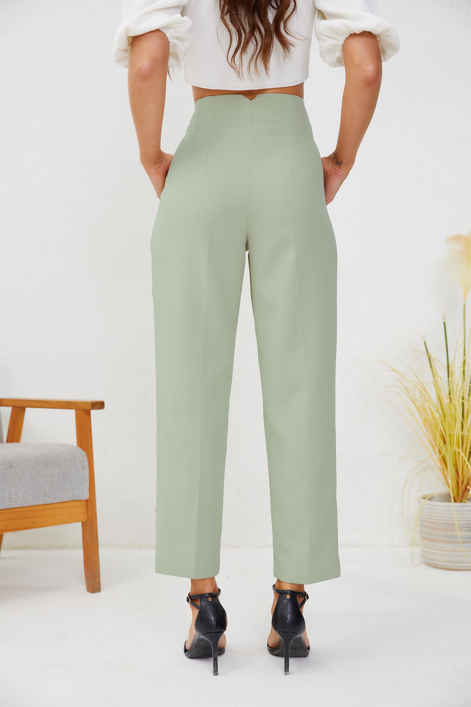 Pantalones de negocios de cintura alta para mujer, pierna recta, plisados, pantalones de oficina
