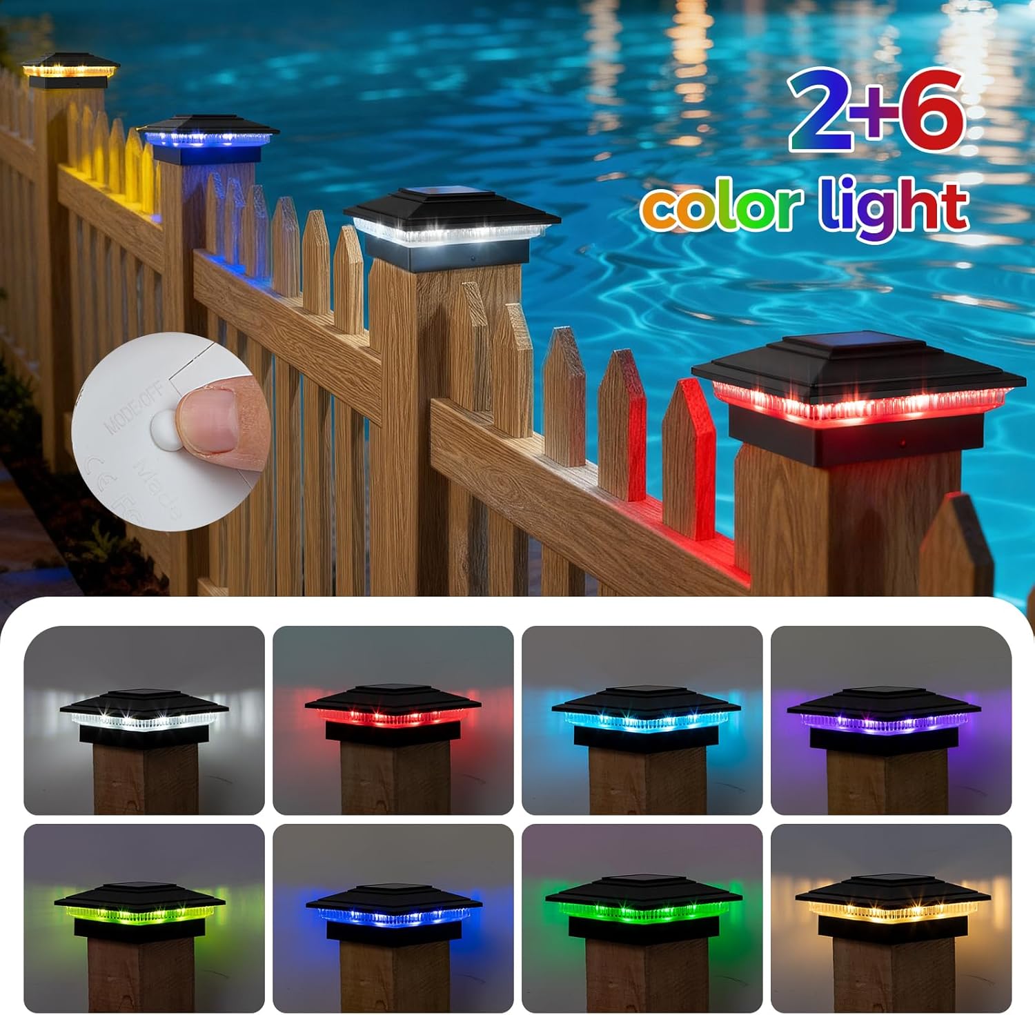 12Pack Solar Post Cap Lights - 8 RGB Color Changing Modes & Multicolor Flow, IP65 Waterproof - for 4x4/6x6 Wood & 4x4/5x5 Vinyl Fence Posts - Outdoor Deck, Patio, Garden Lights (Black)