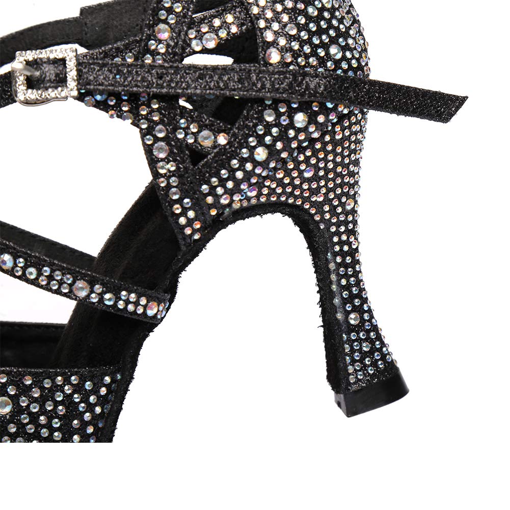 JUODVMP Damskie buty do tańca latynoskiego z odkrytymi palcami stras na imprezę towarzyską buty
