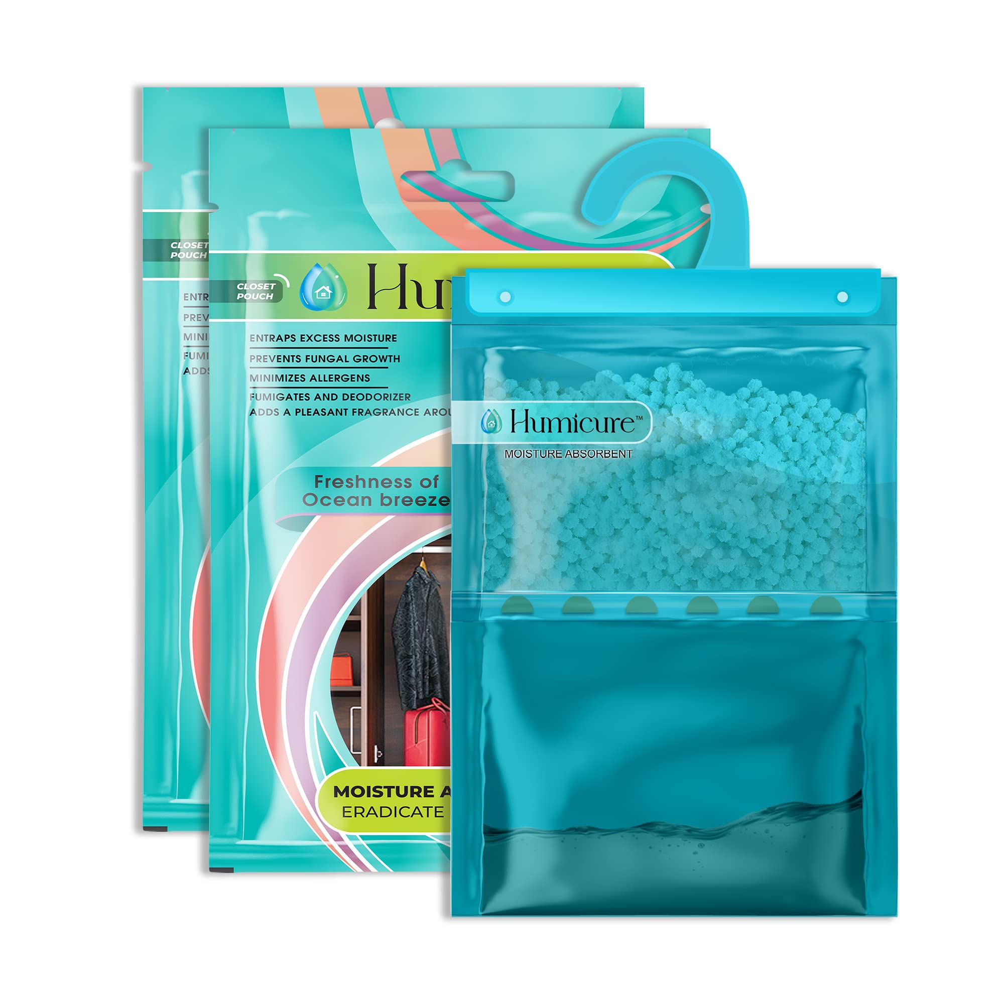 Humicure Moisture Absorber Dehumidifier Hanging Bags with 1 Litre Absorption Capacity for Wardrobe, Bathroom, Kitchen and Bedroom; Prevents Mould & Fungus (Pack of 2, 400gram each, Ocean Breeze)