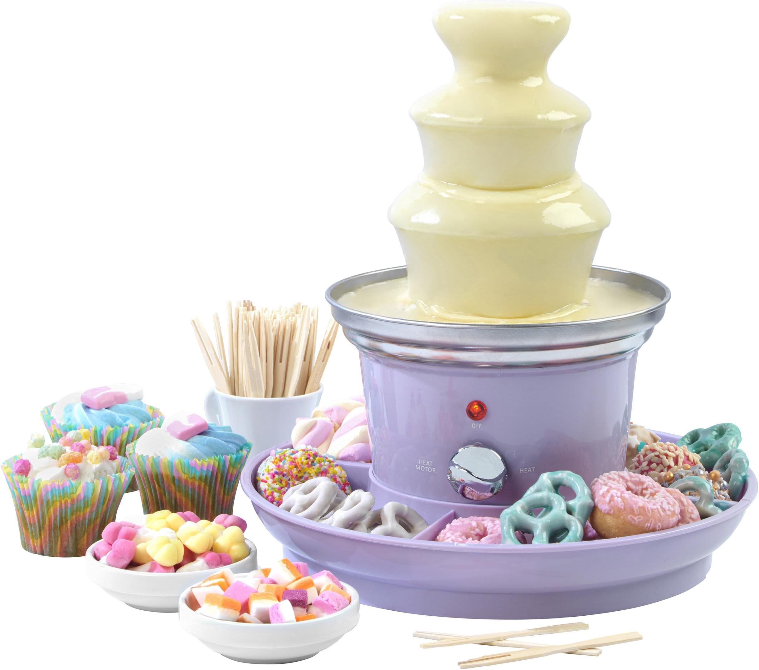 Giles & Posner Choc Fountain with Trays Sorbet Purple | 2 Food Trays, Includes 100 Bamboo Skewers, Removable Tower And Auger, Tabletop Party Dipping For Fruit And Marshmallows