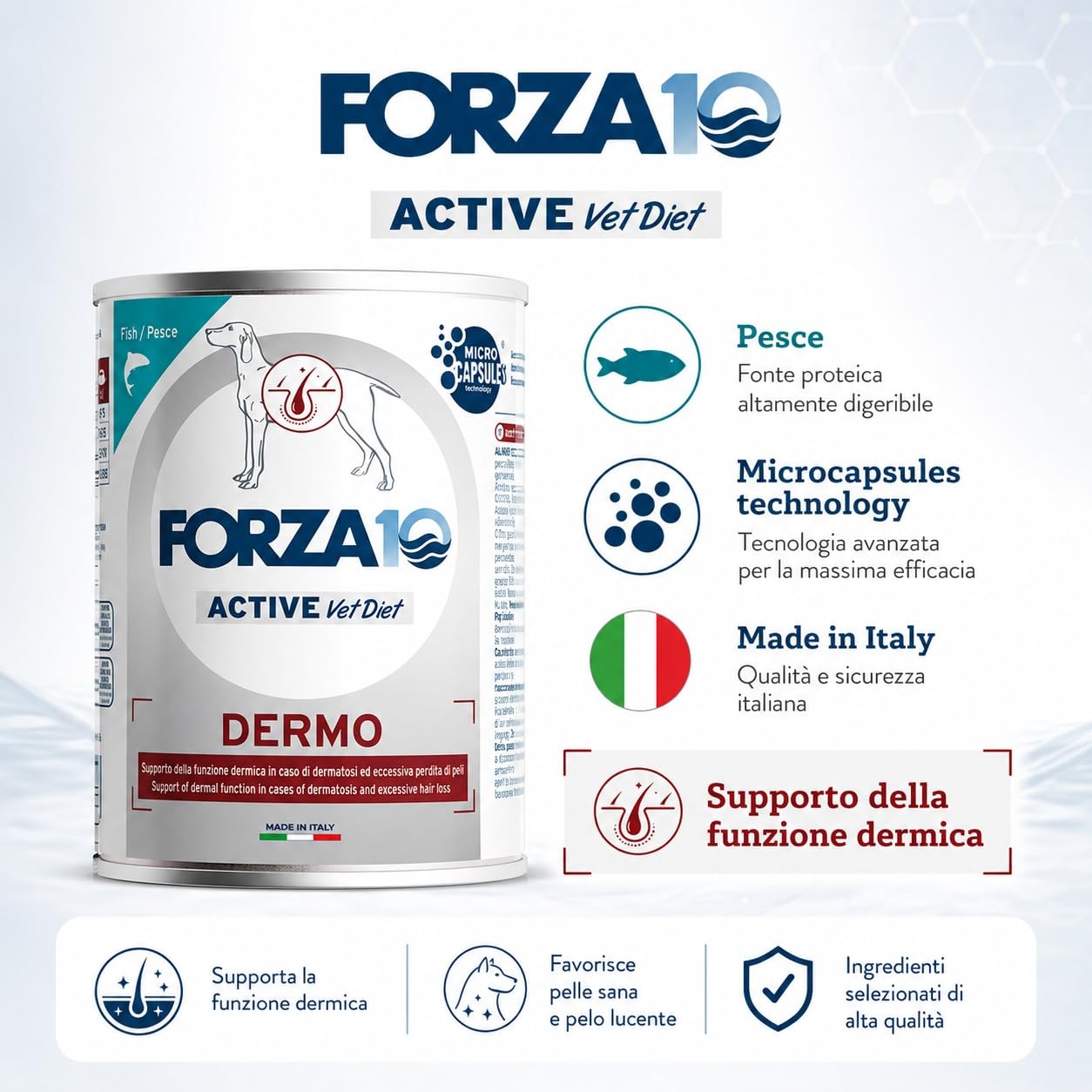 Dermo Pesce– Forza10 Diet Cibo Umido per Cani Adulti di tutte le Taglie e Razze, Monoproteico,Supporto della funzione dermica, 6 Lattine x 400g, Alimento Completo.