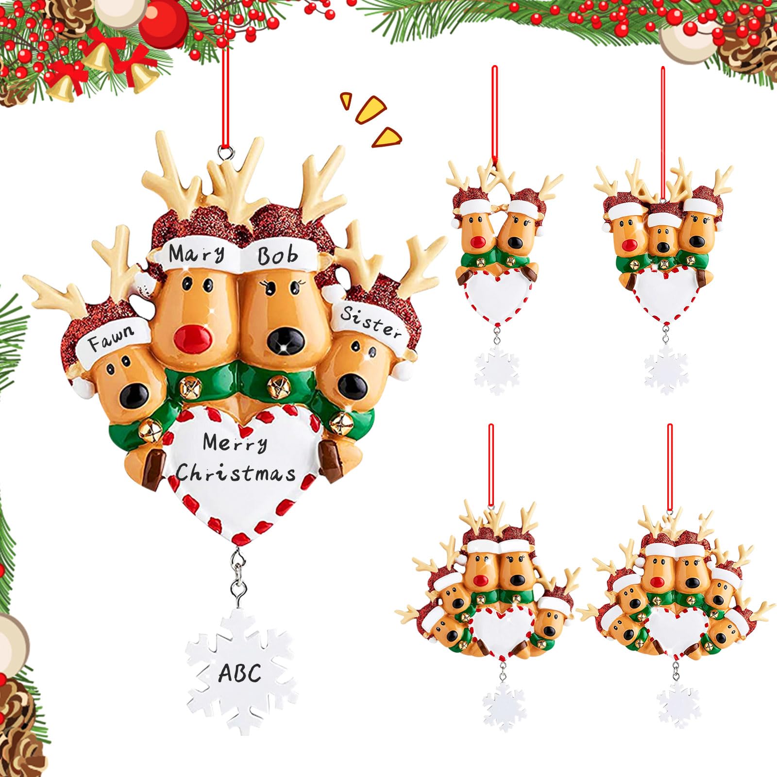 QETRABONE Christmas Tree Hanging Ornament, Personalized Elk Family Decor, 4 Names