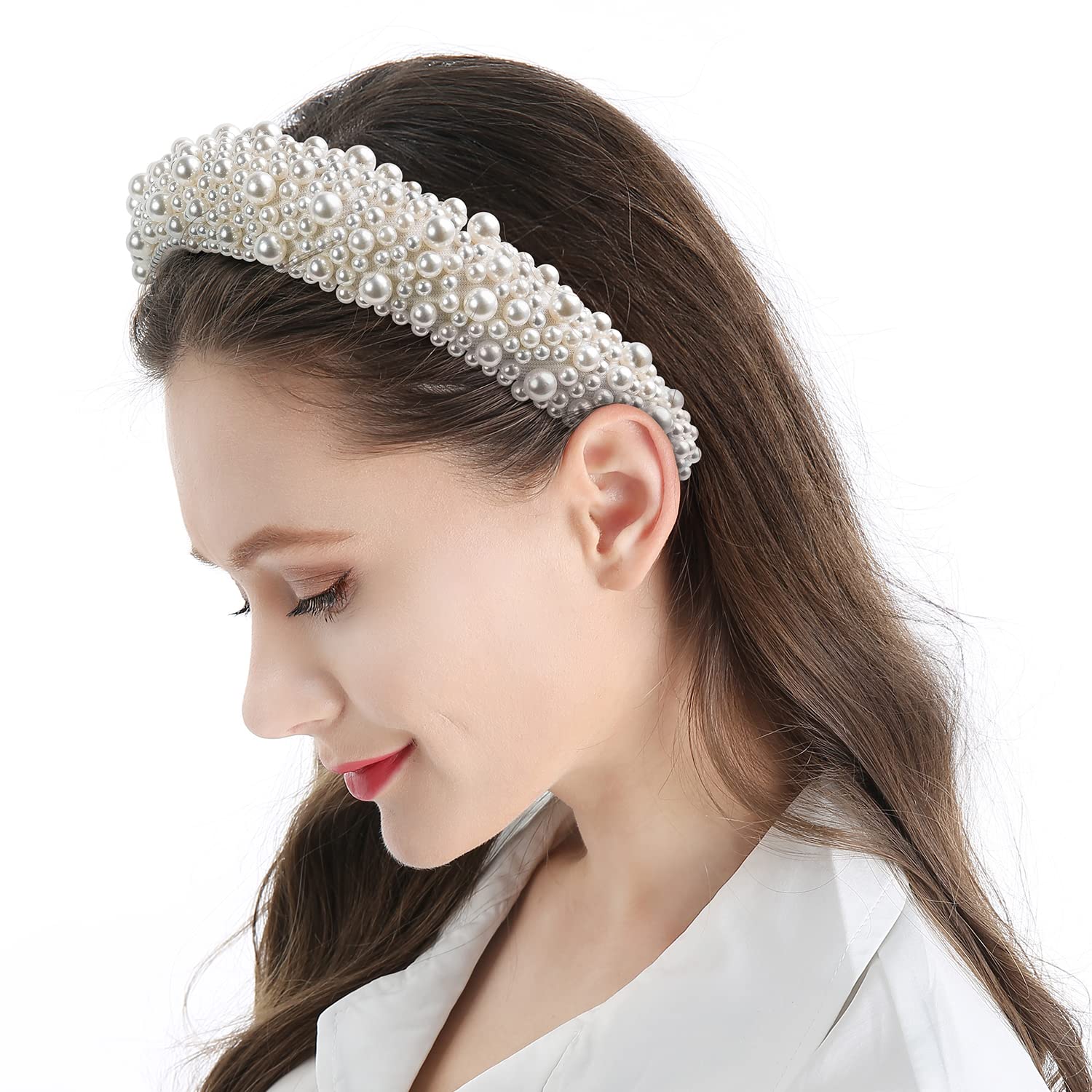 QIANXUAN – Fascia Per Capelli Con Perle Bianche, Imbottita E Larga, Accessorio Moda Donna Fatto A Mano