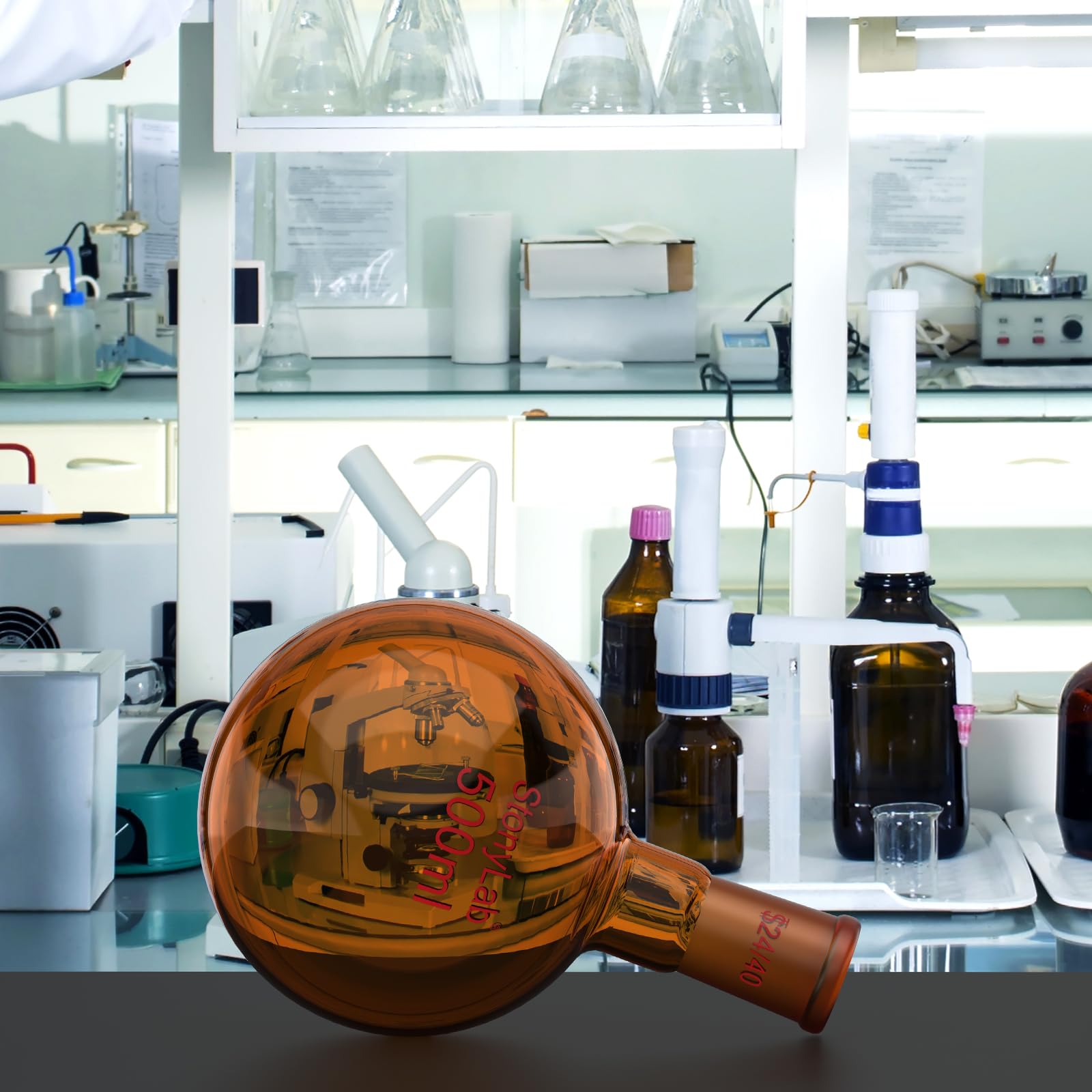 stonylab Ballon à Fond Rond Marron avec Col Unique, Joint Conique Standard 24/40, Verre Borosilicaté de Qualité Laboratoire, Résistant à la Chaleur et aux Produits Chimiques, 500 ml