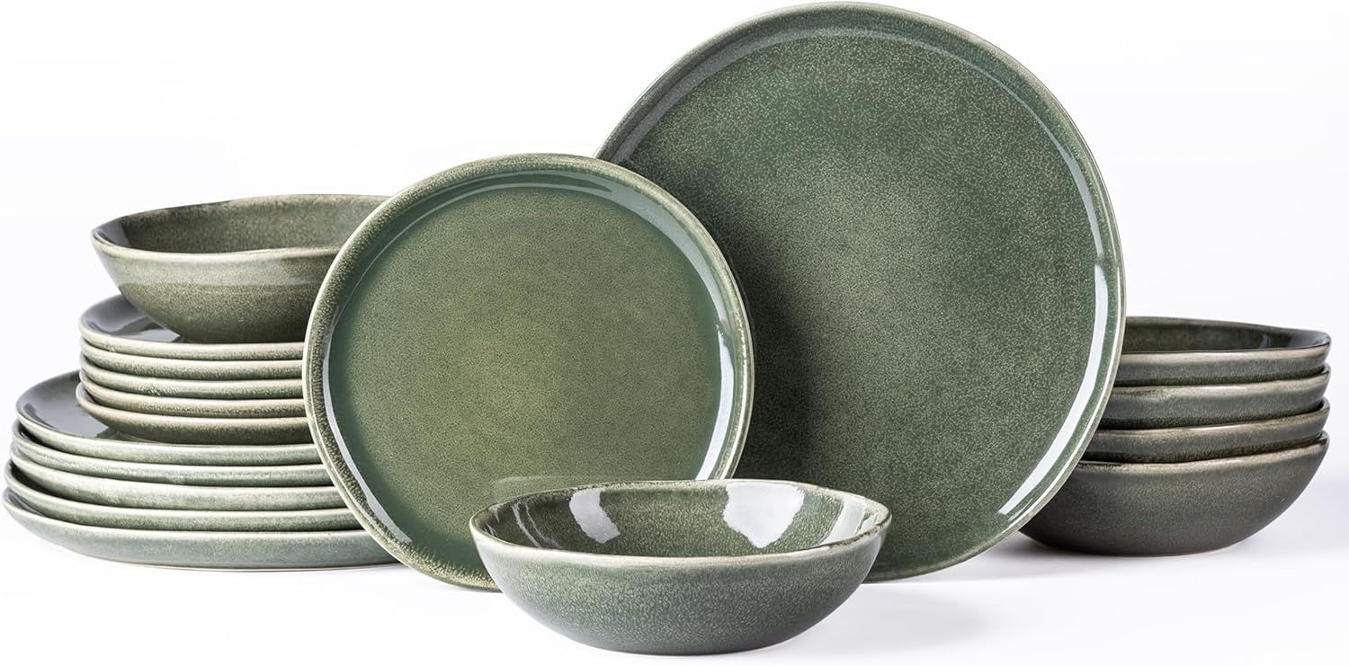 AmorArc Ceramic Dinnerware Sets,Handmade Reactive Glaze Stoneware Plates and Bowls Set,Highly Chip and Crack Resistant | Dishwasher & Microwave Safe Dishes,Service for 6 (18pc) Jade Green Service for 6