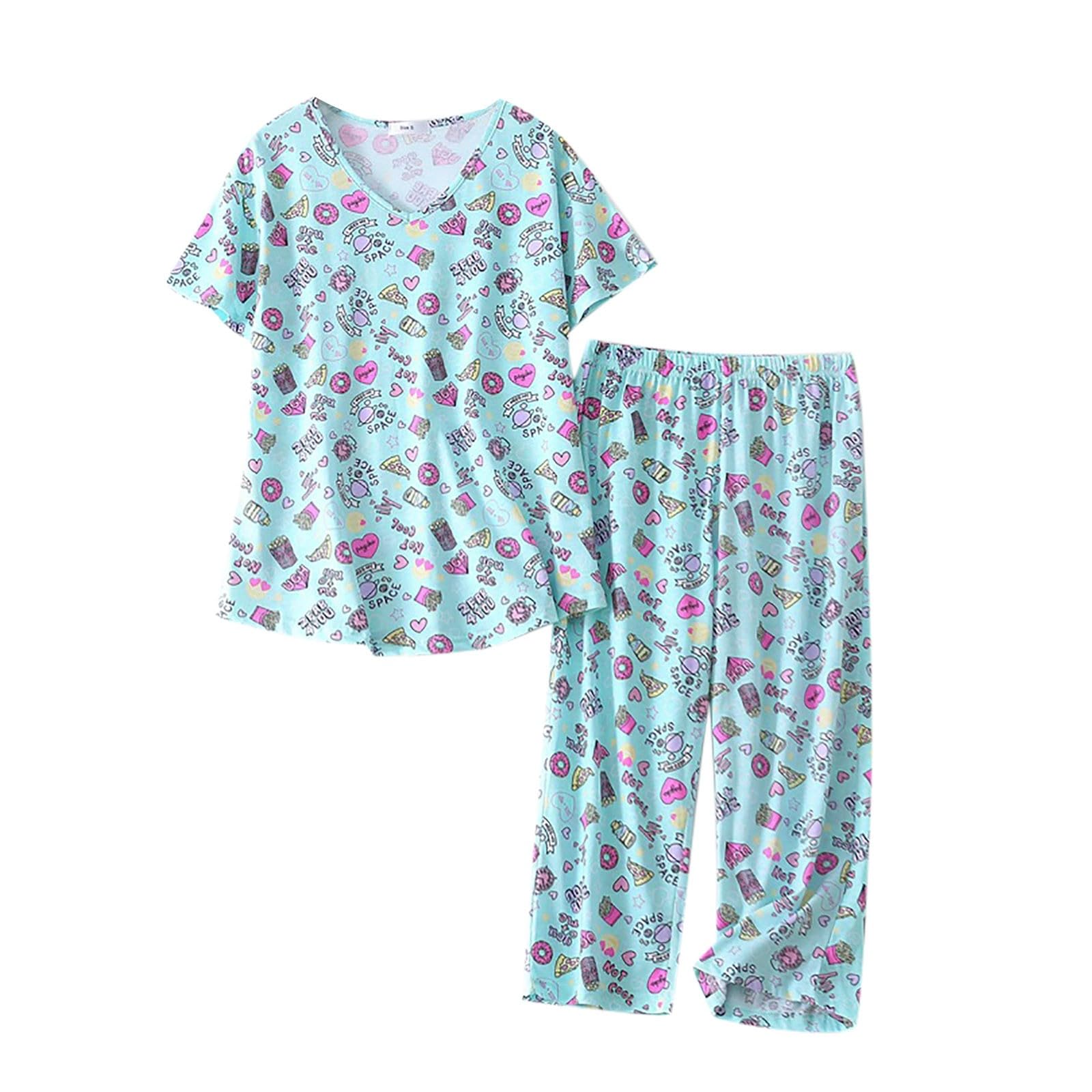 Generisch 2025 pigiama da donna in cotone set a maniche corte top capri pantaloni da notte plus pantaloncini da donna lunghezza al ginocchio