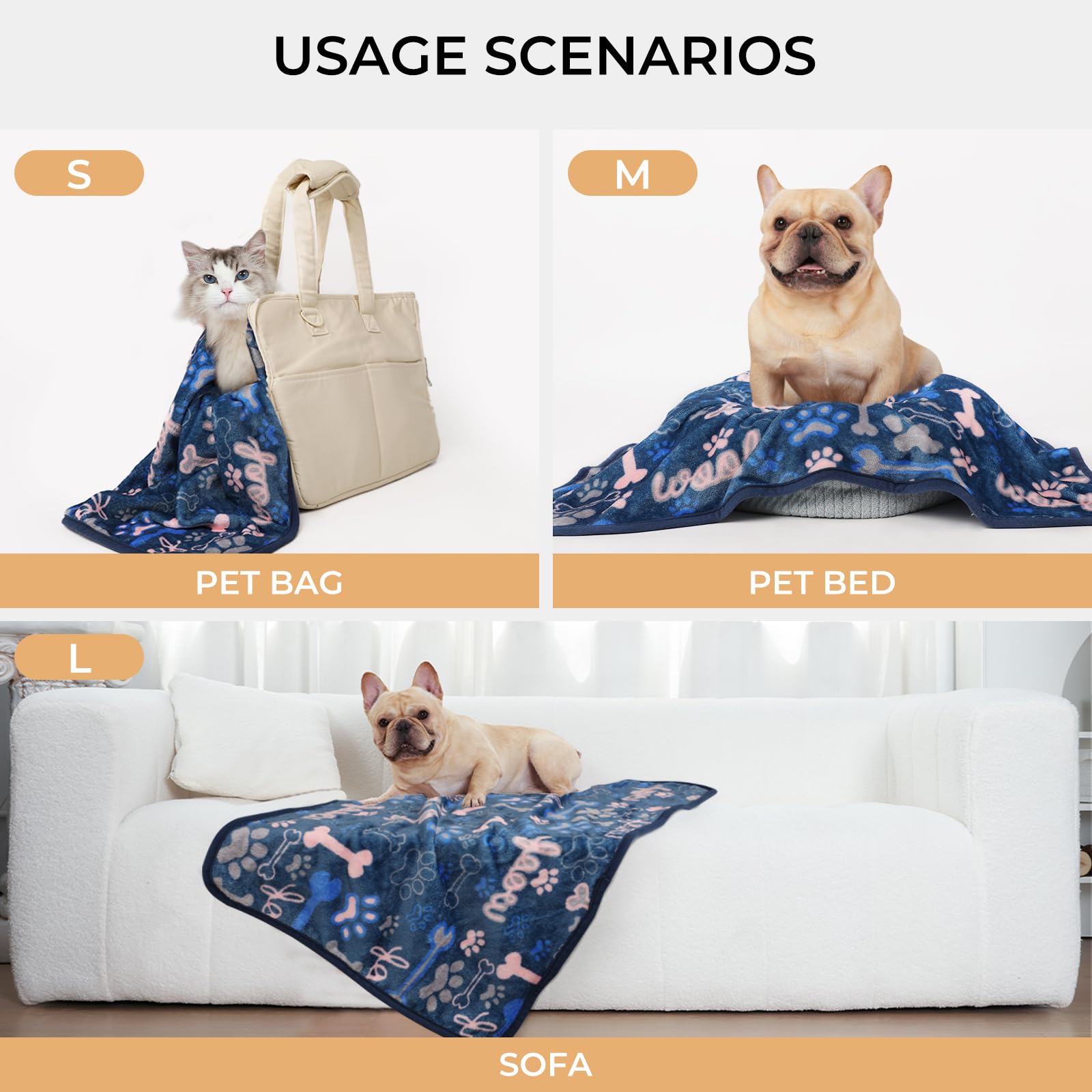 luciphia 3 Pezzi Coperta per Cane/Gatto Lavabile Soffice Durevole, Morbida e Calda Flanella,Zampa d'osso,Small (60 * 40cm)