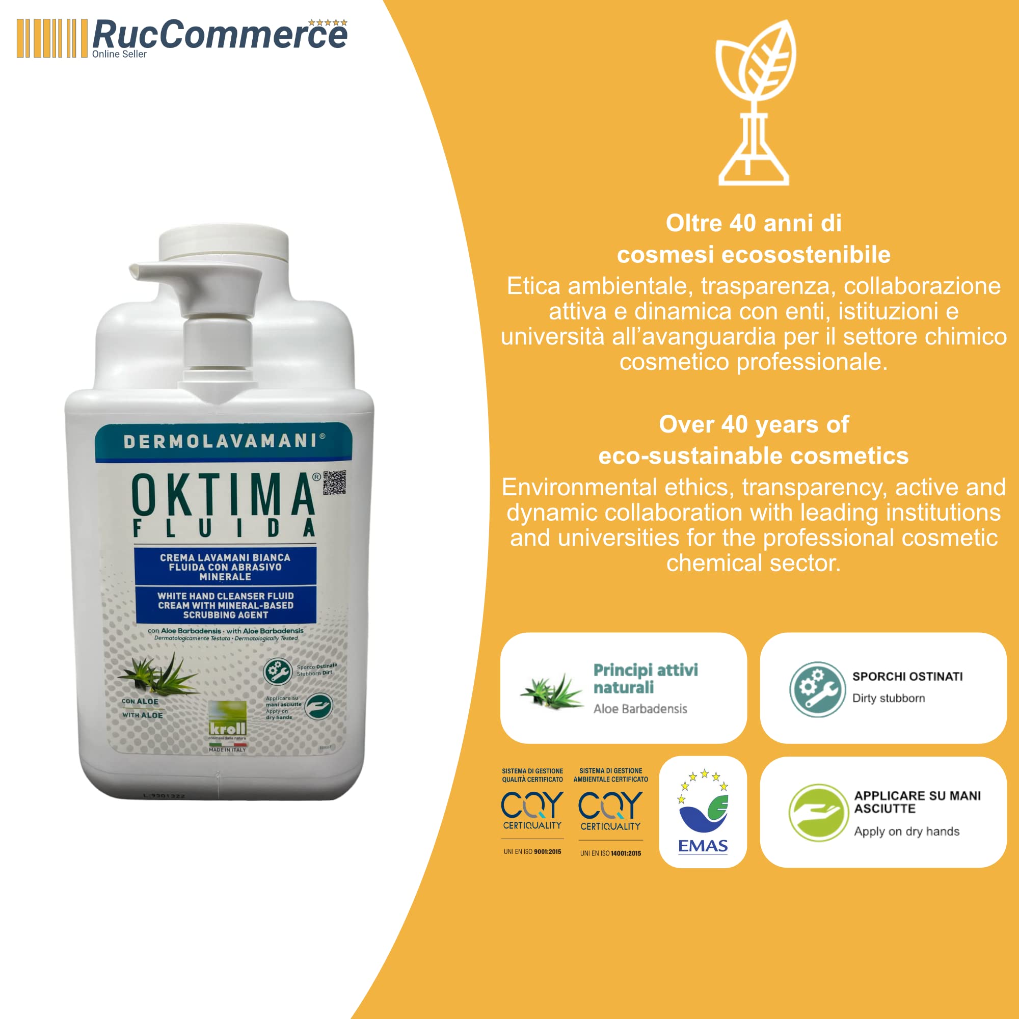 RucCosmetics "linea Dermolavamani®" OKTIMA® FLUIDA Crema Lavamani Bianca Fluida con Abrasivo Minerale, Aloe Barbadensis e dosatore, per sporchi ostinati (Tanica lt 5 c/dos)