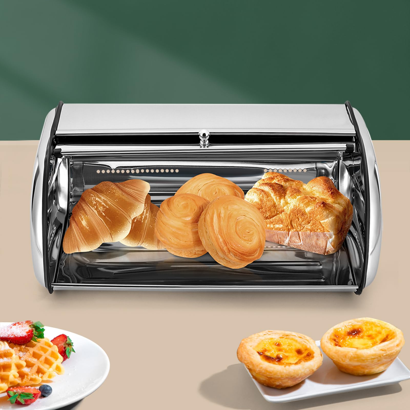 MccoMMon Panera de acero inoxidable, panera de metal para la cocina, con tapa enrollable y ventana transparente, 43,5 x 27 x 18 cm