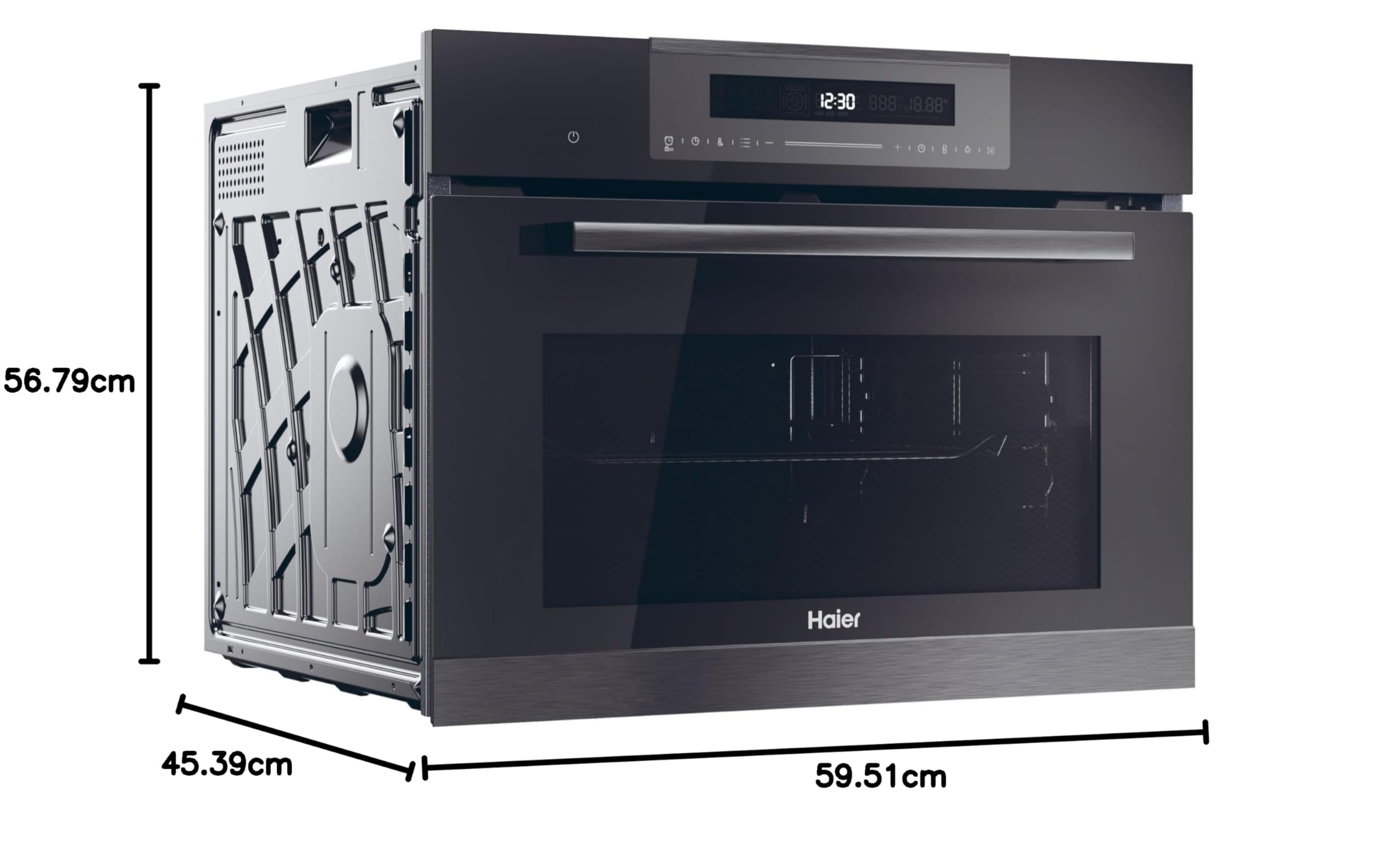 Haier Series 4 HWO45CO4P7B - Horno Multifunción, Pirolítico, Potencia 3000W, Capacidad 50L, 45cm Alto, 12 Funciones, Display táctil, Ventilación Radial, 4 Cristales en puerta, Negro