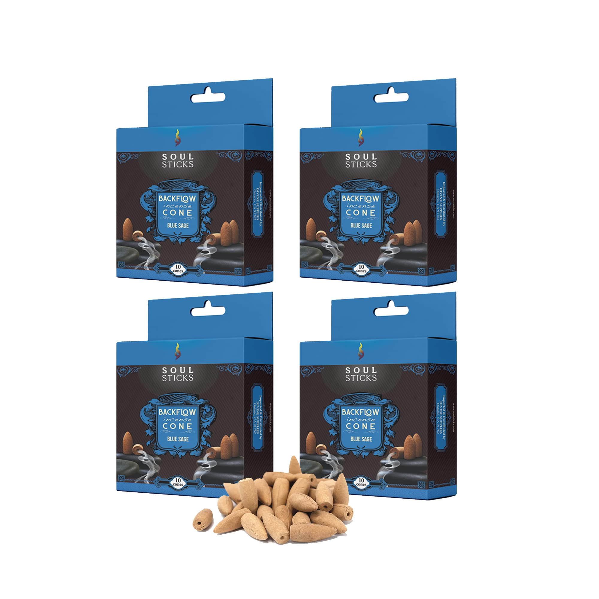 Soul Sticks Backflow Incense Cones – 40 PCS Organic Handmade Cones for Waterfall Burner | 4 Pack Long Lasting Aromatic Scents | Thick White Smoke Incense for Meditation, Spiritual Gift (Blue Sage)