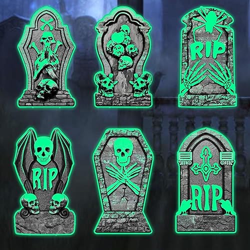 Lápidas fluorescentes de Halloween 6 lápidas para decoración de Halloween con 12 estacas fijas, letreros aterradores de Halloween para patio al