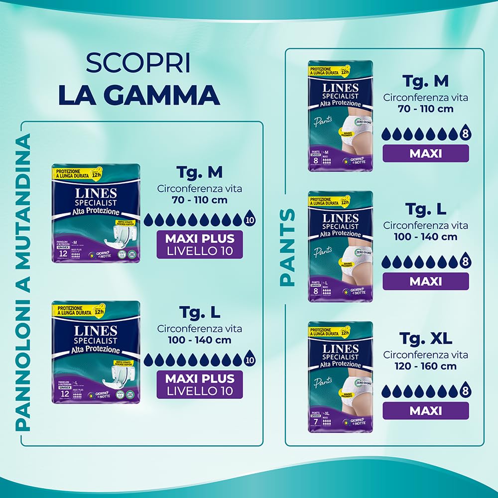 Lines Specialist Pañal de braguita Maxi Plus para incontinencia mujer y hombre, alta protección hasta 12 horas, cero olores, talla L, suministro mensual, paquete de 48 unidades