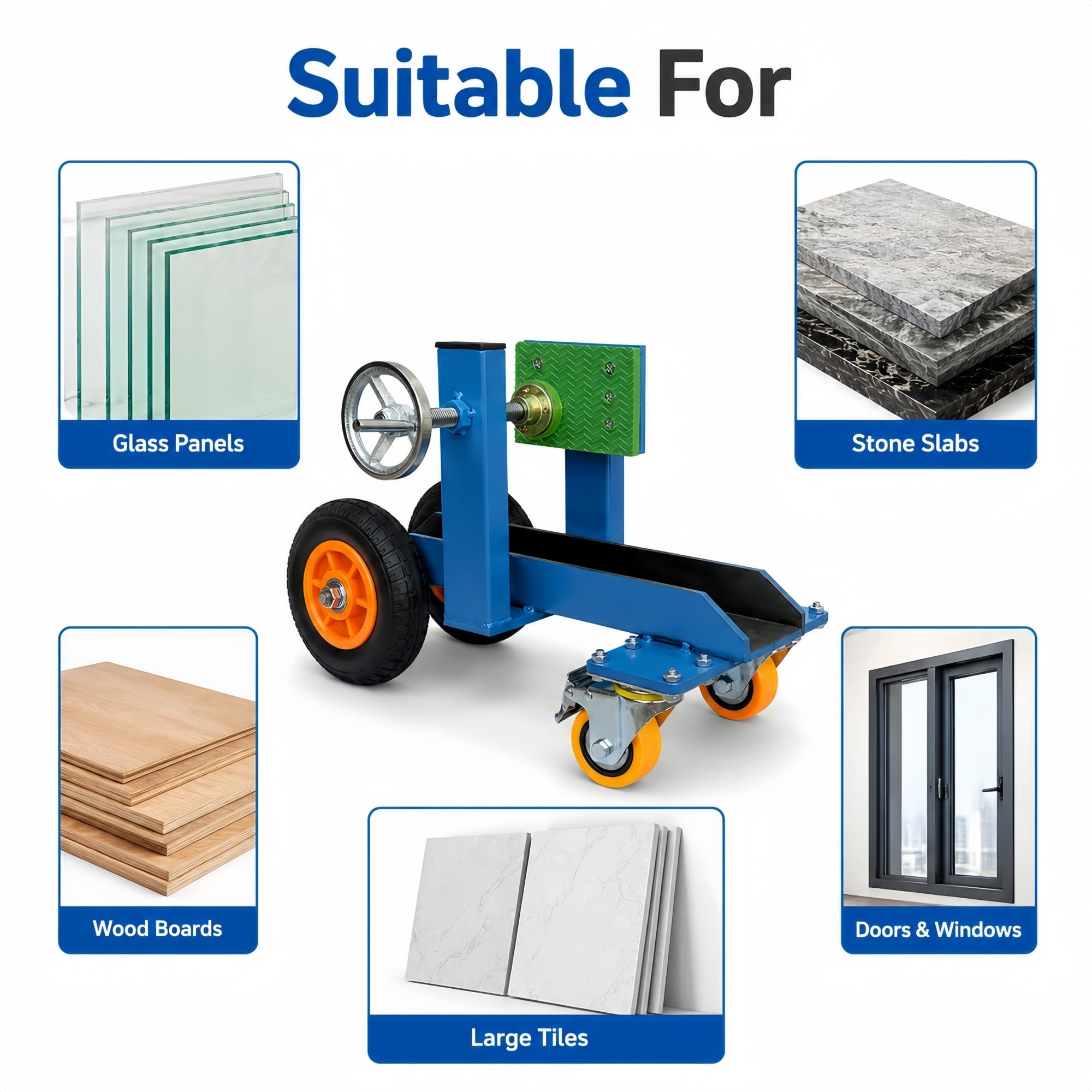 Vier-Rad Plattenwagen for Glas, Steinplatten und Türen | Klemmung mit Handrad und Gummiauflage for Plattentransport in der Werkstatt(Blue)