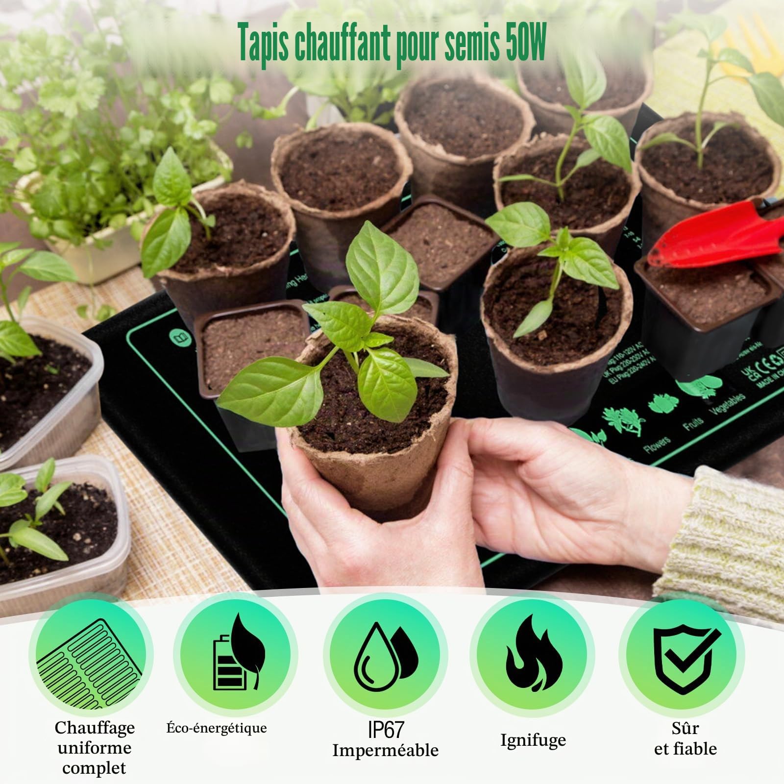 Tapis Chauffant pour Plantes, 50W Tapis Chauffant Semis avec Thermostat, Accélérer la Germination, Résistant au Feu, Étanche IP67, pour Animaux Domestiques, Reptiles, Semis, 54 x 26 cm