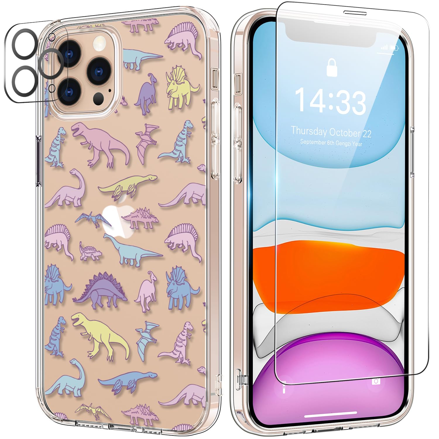 bicol for iPhone 11 Pro Max Case with Screen Protector and Camera Lens Protector - Fashionable Flower Floral Designs for Women Girls - Shockproof Acrylic Clear Phone Cover Cute Dinosaurs