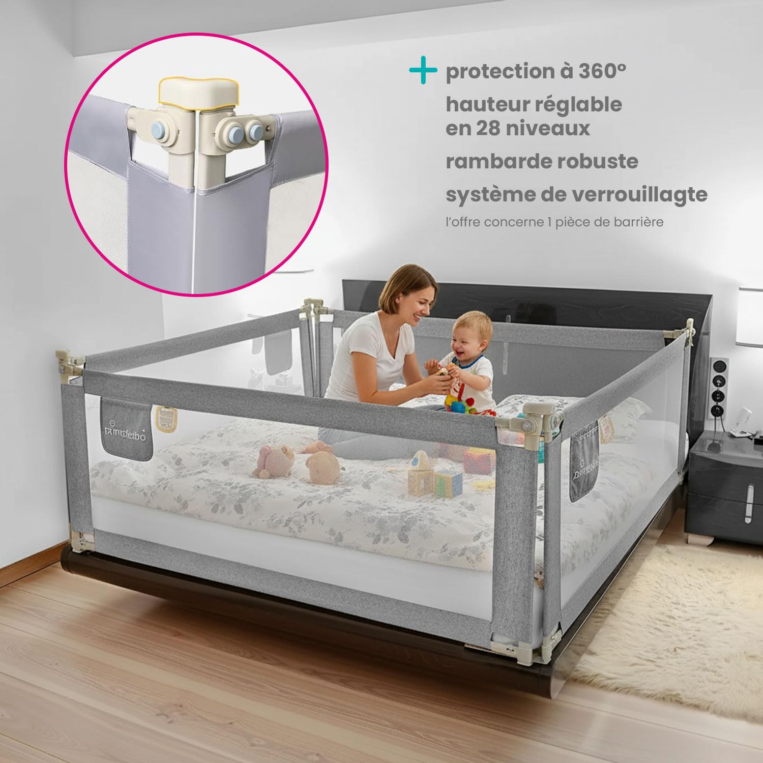 Primabobo Barrière de Lit Enfant Classic Gris 200 cm 160 cm Pliable – Lot de 3, Hauteur Réglable, Protection Lit Bébé