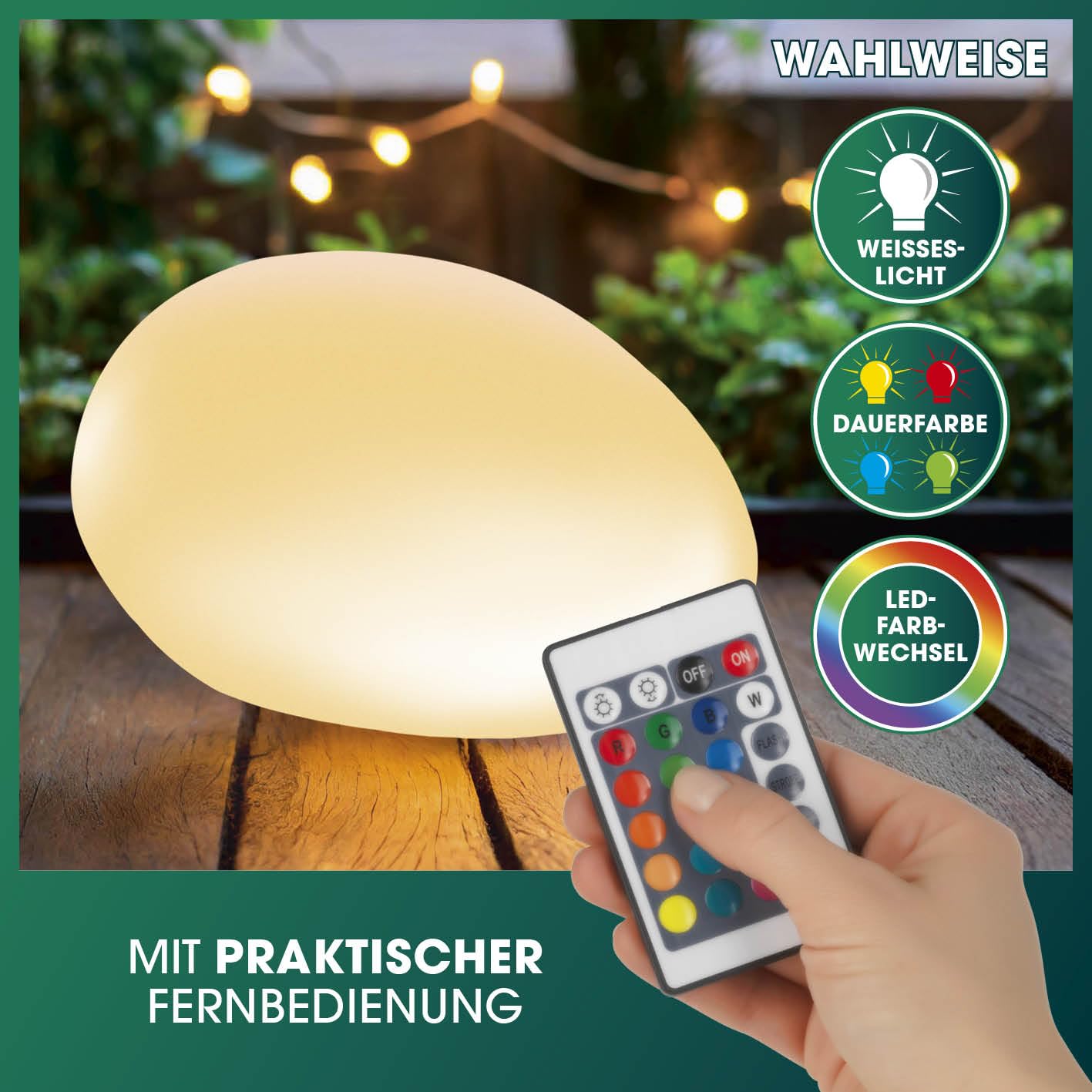 EASYmaxx LED Solarleuchte mit Fernbedienung | 3 kaltweiße Leuchten - Steine mit Solarbetrieb & Farbwechsel | dimmbare Helligkeitsstufen, 12 Farben & 5 Leuchtmodi | inklusive Erdspieß & Dämmungssensor
