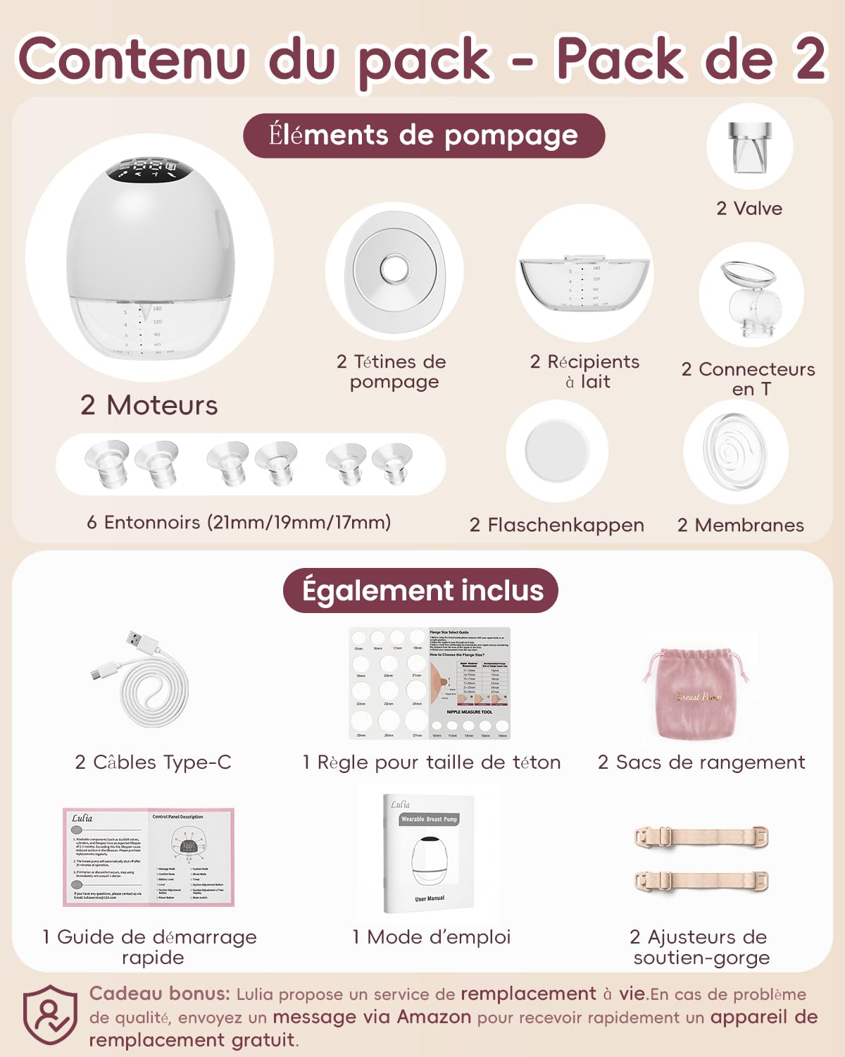Lulia Tire Lait Electrique Main Libre Sans Fil, Double Pompe Portable | Aspiration Puissante 380mmHg, 4 Modes 9 Niveaux, Moteur Silencieux, Anti-Fuite et Anti-Retour, avec Bride de 17/19/21/24mm
