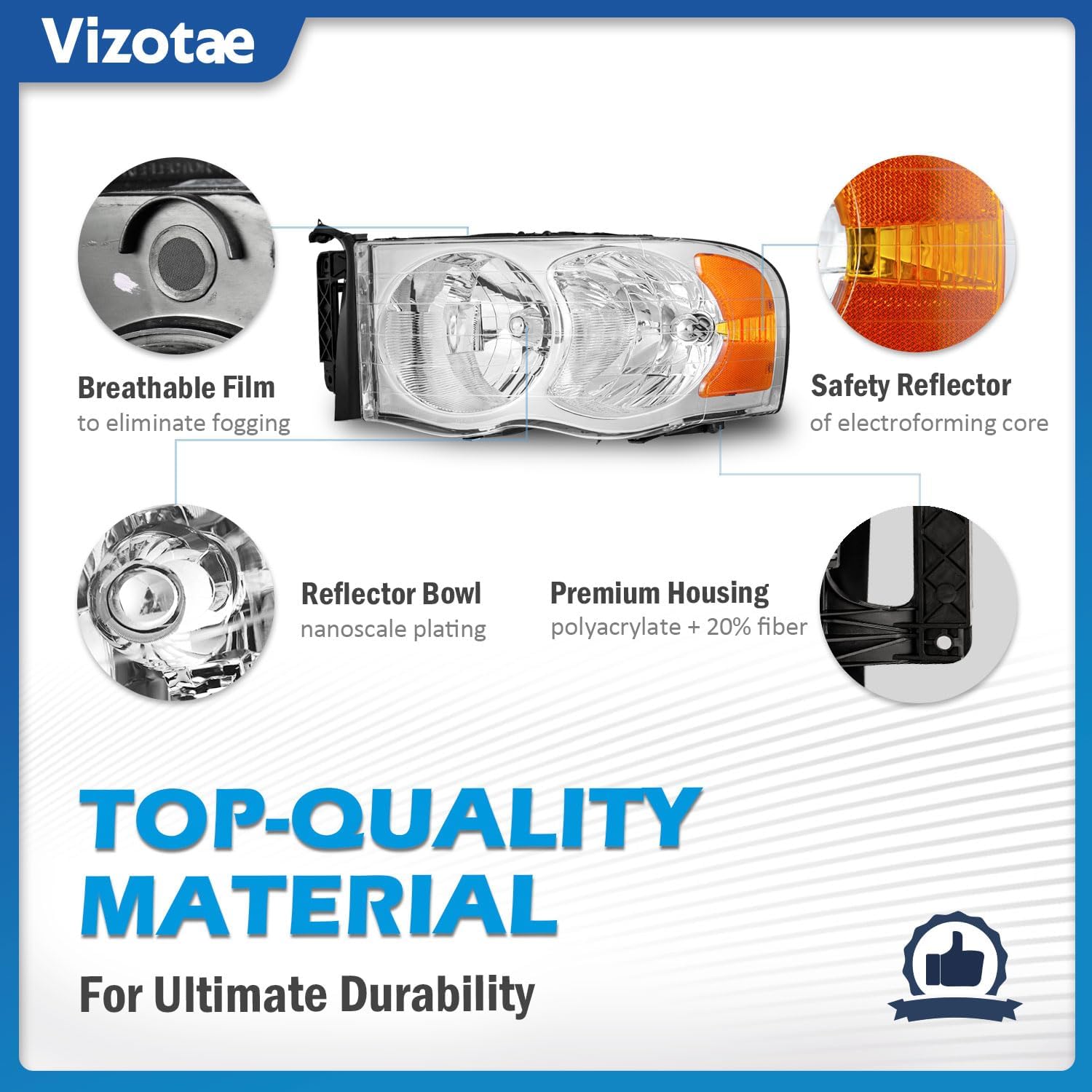 Headlights Assembly for 2002-2005 Dodge Ram 1500, for 2003-2005 Dodge Ram 2500 3500, High/Low Beam with Bulbs, Passenger and Driver Side