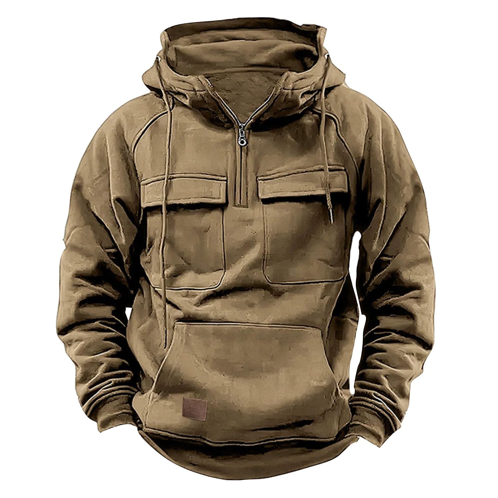 Felpa da uomo con cappuccio Tactical Cargo, con cerniera a 1/4, a maniche lunghe, sportiva, calda, con cappuccio, in tinta unita