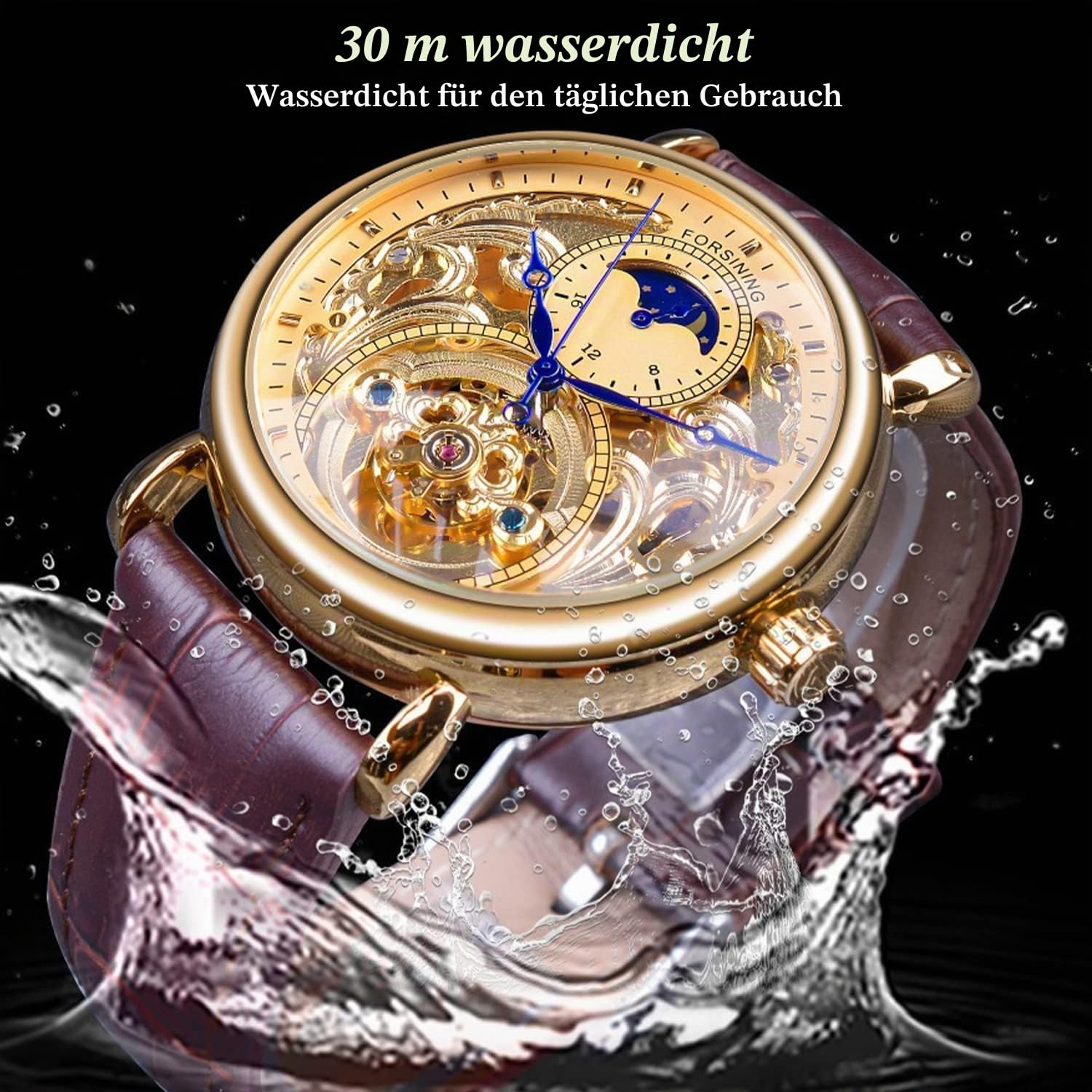 FORSINING Luxus-Herrenuhr mit Mondphase und Wirbel, Retro-Skelett, hohl, automatisches Aufziehen, Lederarmband, Automatikwerk