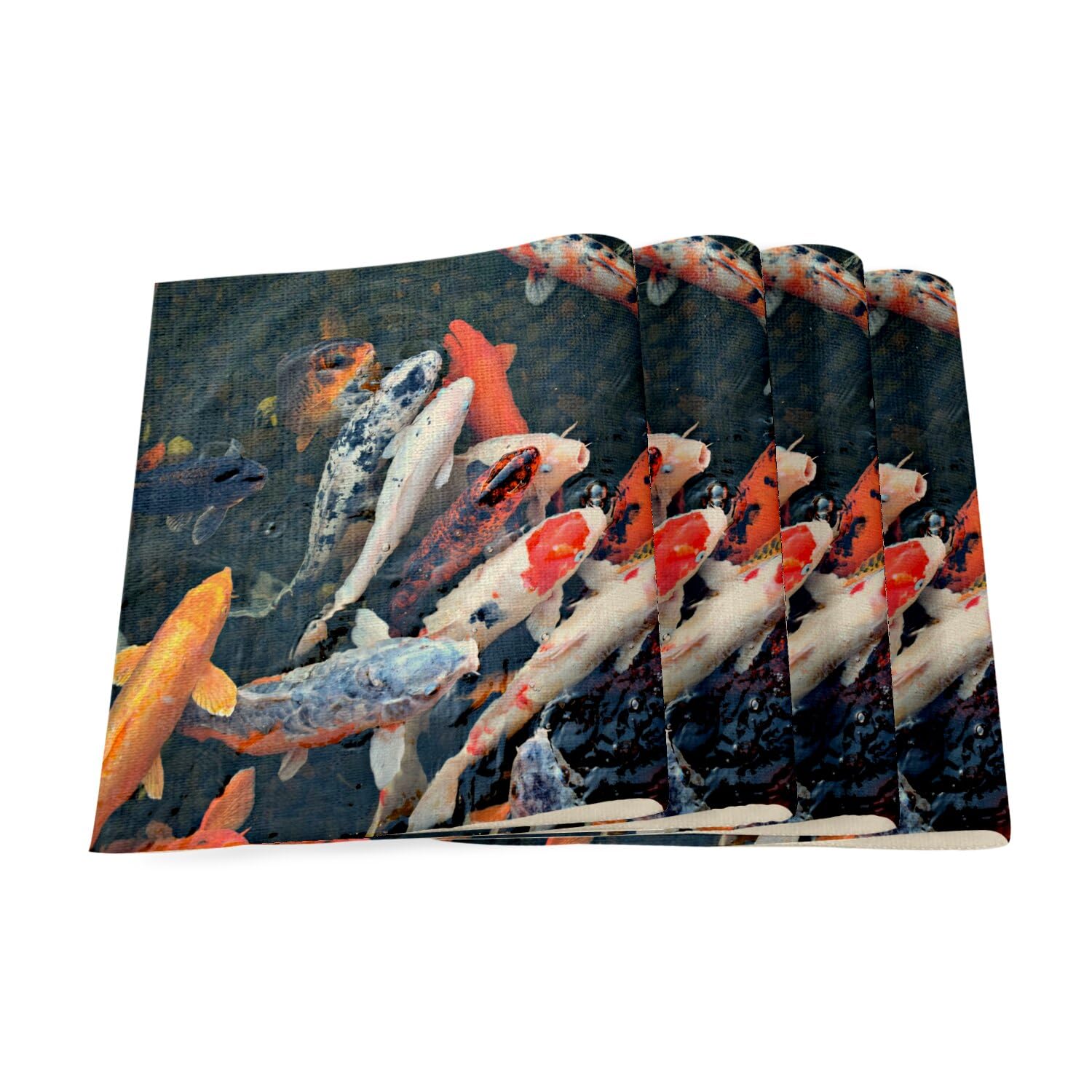 Sets de table en lin japonais carpes koi grand format avec finitions soignees