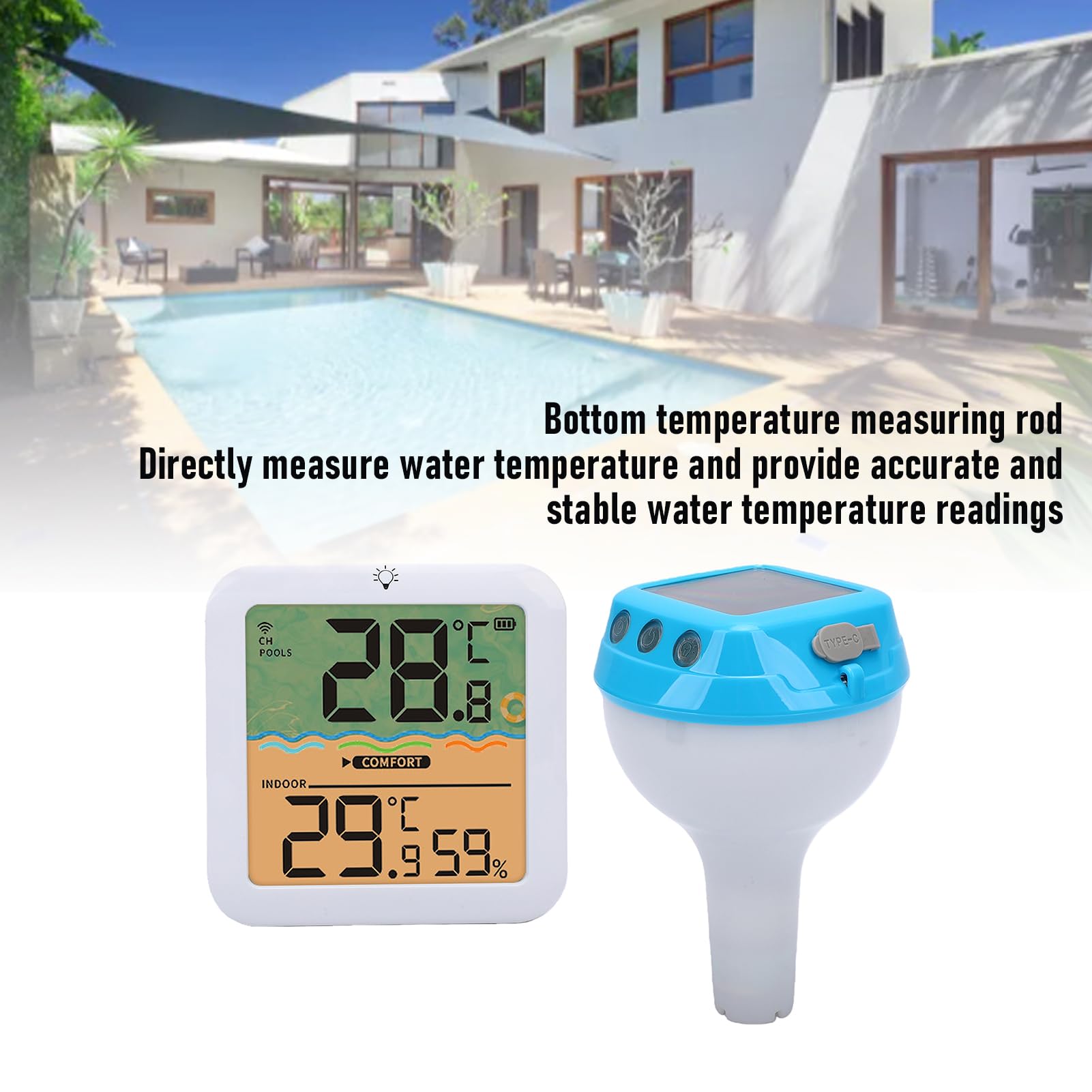 Diyeeni Termómetro Solar Digital para Piscina, Termómetro de Agua Flotante con Luz RGB con Energía Solar y Pantalla Digital Clara para Monitoreo de Humedad en Tiempo Real en Interiores y (azul marino)