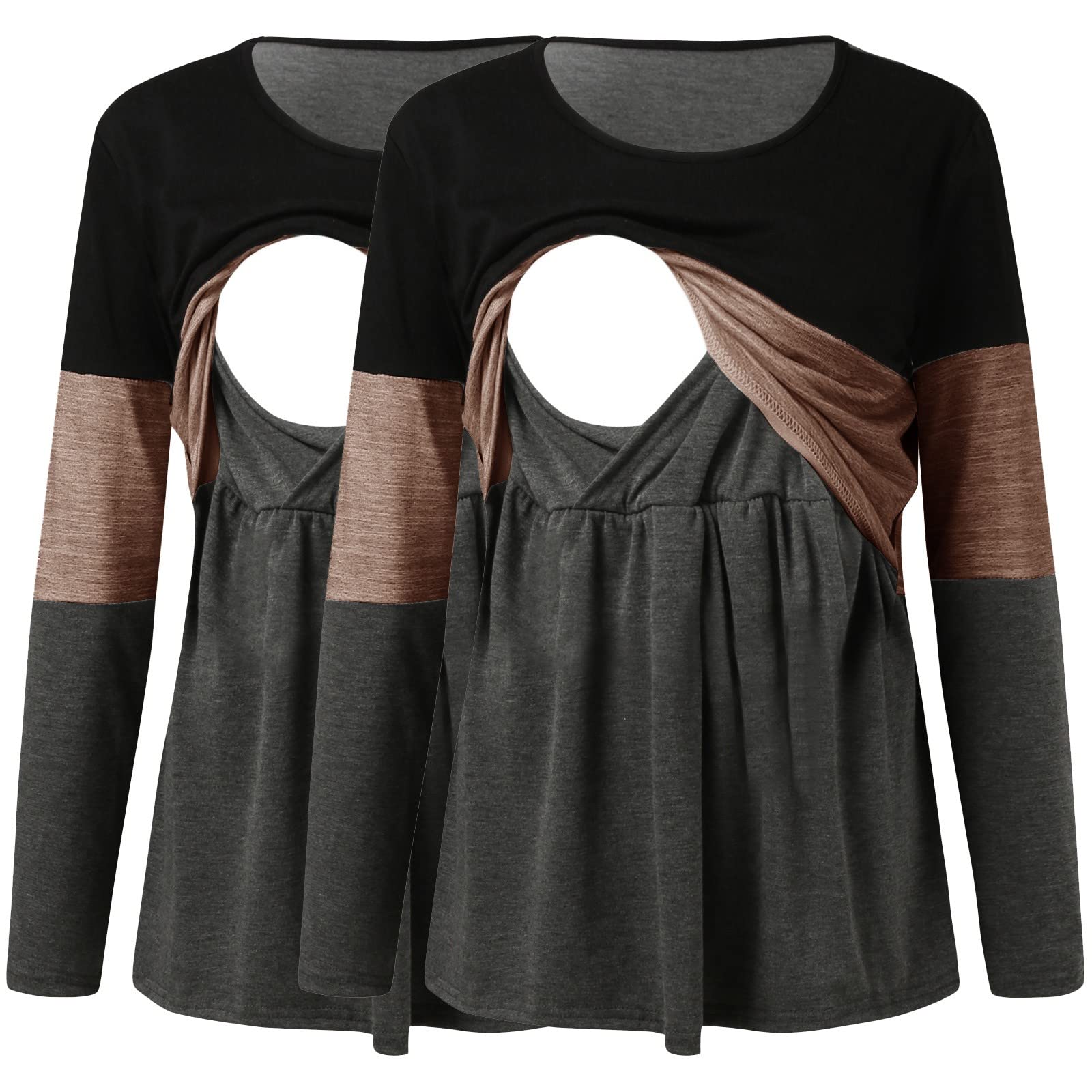 Lot de 2 t-shirts d'allaitement à manches longues et col rond pour femme enceinte