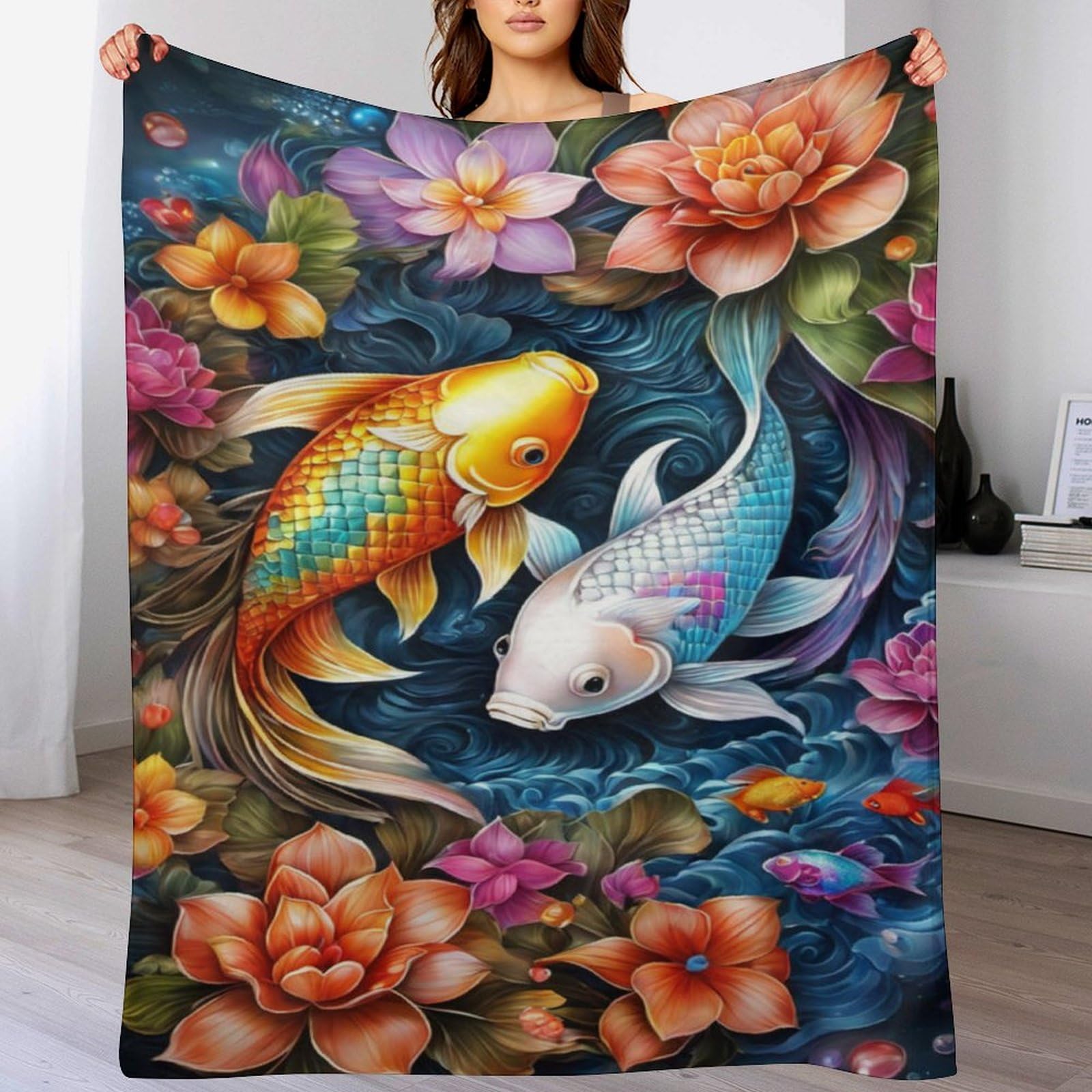 Manta de forro polar de peces koi original para regalar a adultos en invierno