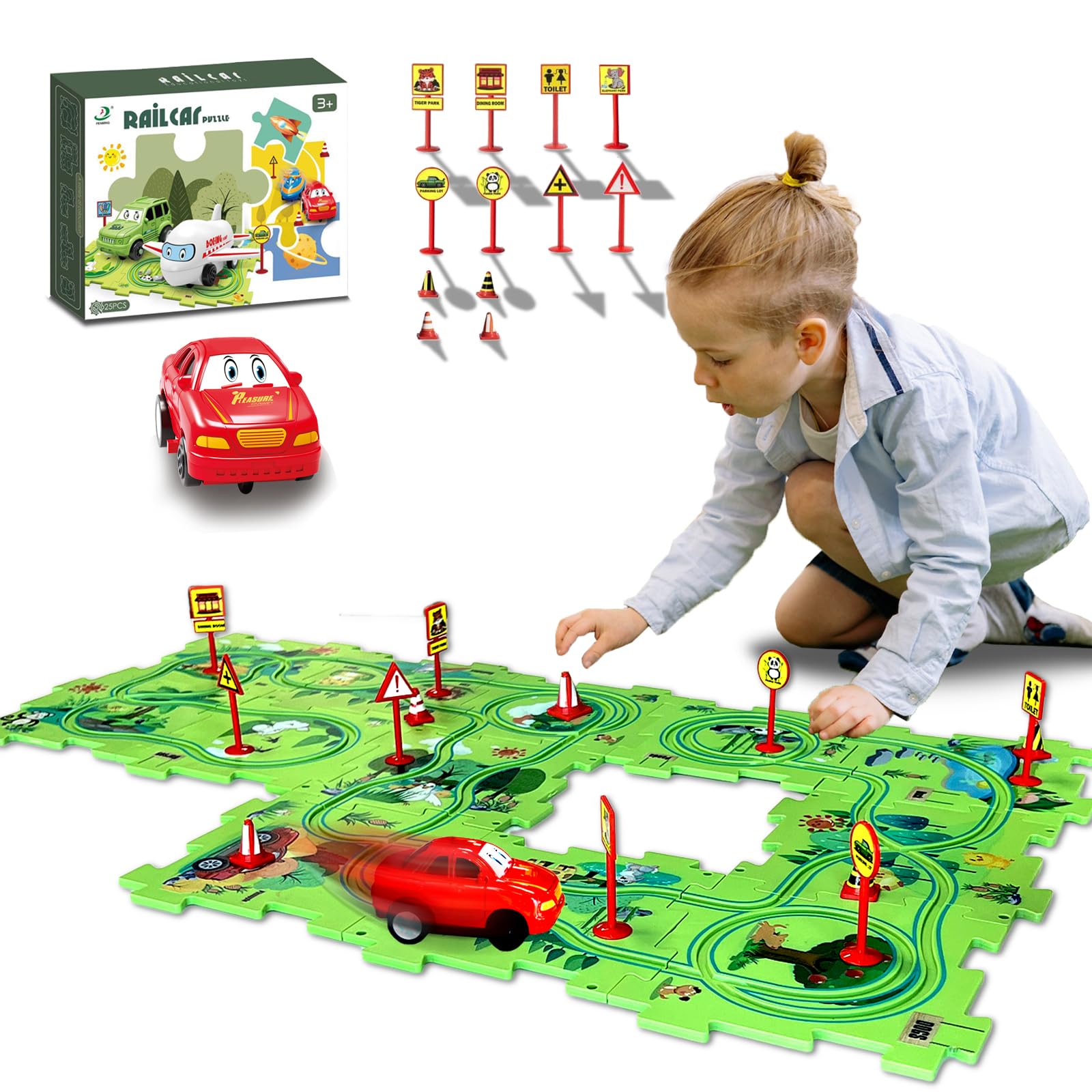 Puzzle Racer Car Track Set - 25pc 4-in-1 Building & Racing Toy For Kids Ages 3-8 | Creative Birthday & Holiday Gift