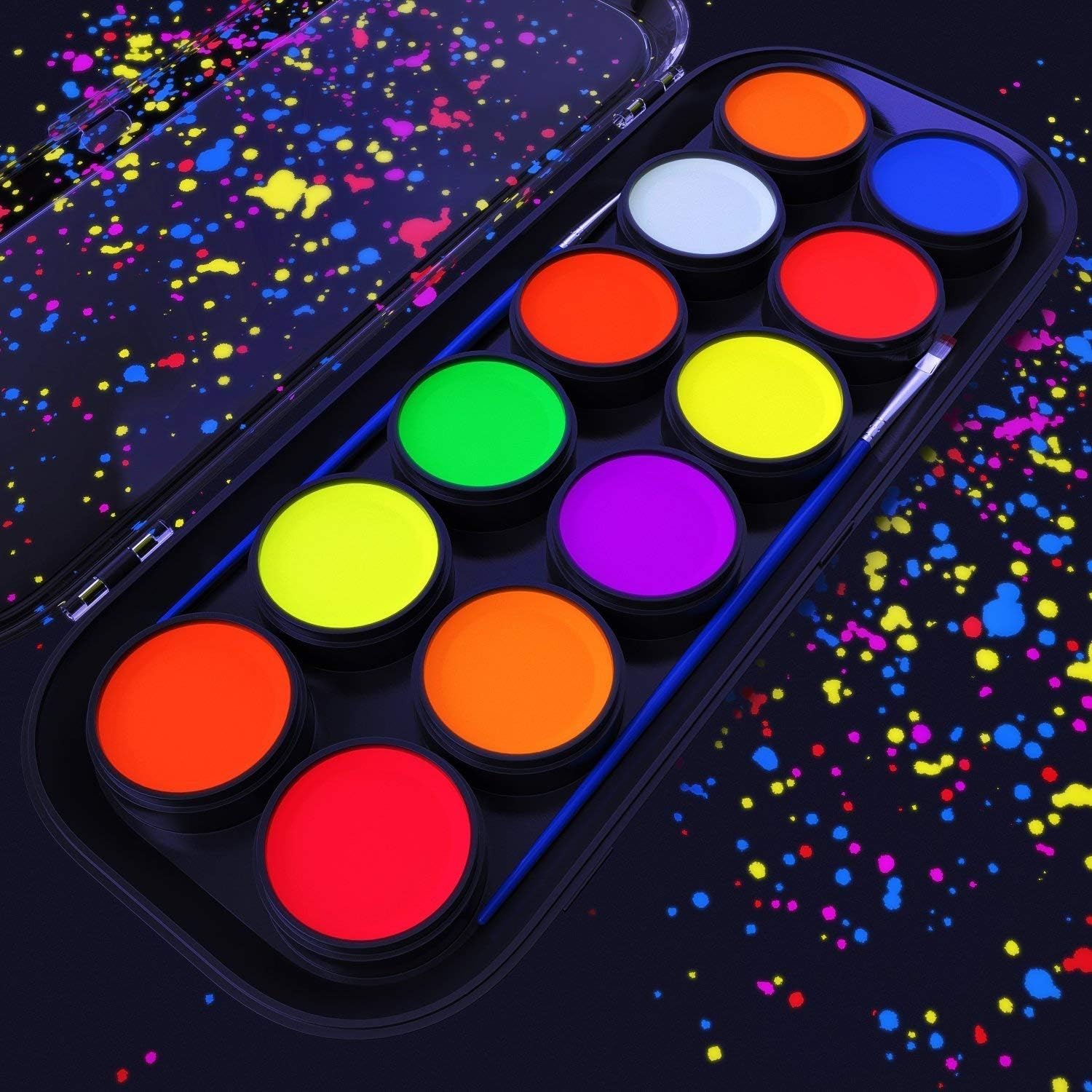 ARTEZA UV Face Paint Kit, 12 Neon Colors, Water Based, Nontoxic Paint for Professional Halloween & Day of The Dead Costumes, Festivals, Theater & Special Effects