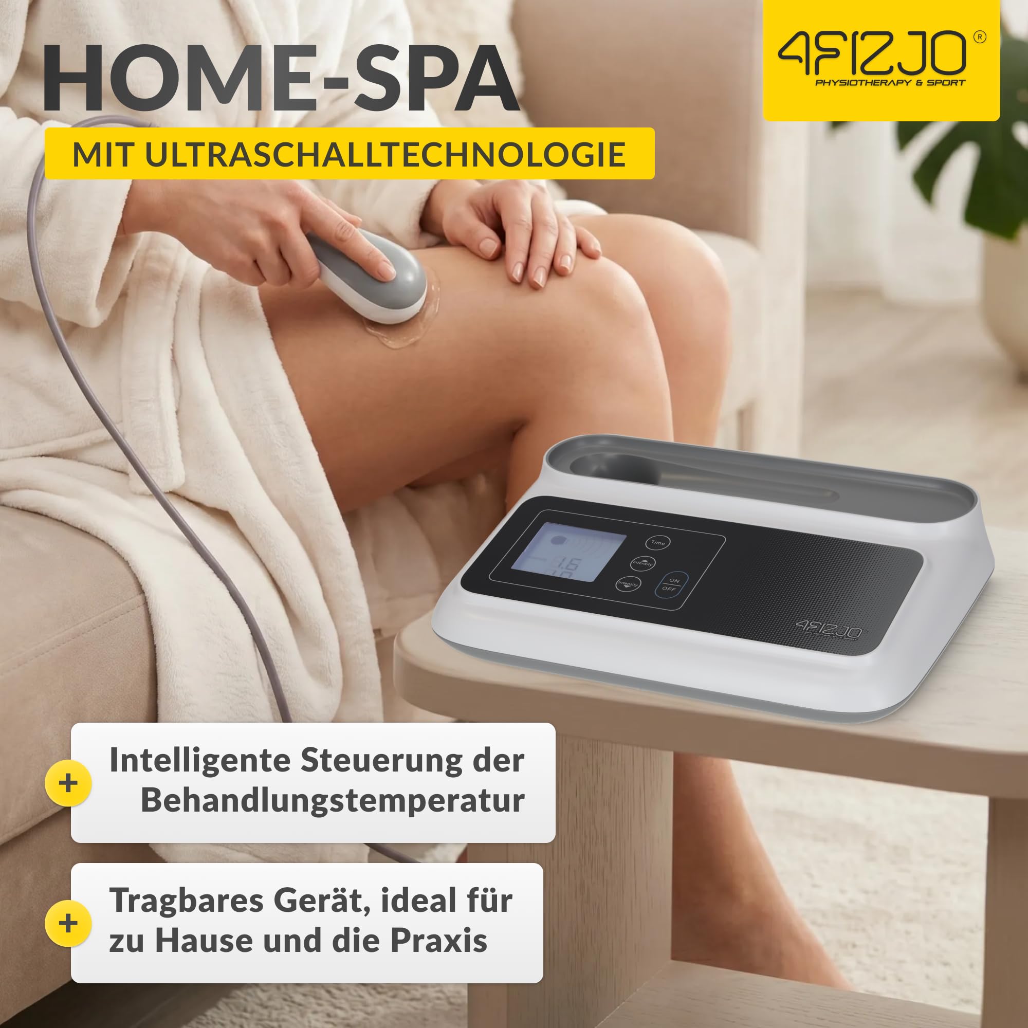 4FIZJO Tragbares Ultraschallgerät, Ultraschall Handgerät Schallwellengerät | für Zuhause, Physiotherapie, Wärmende Mikromassage, Körper, Gesicht und Hautpflege