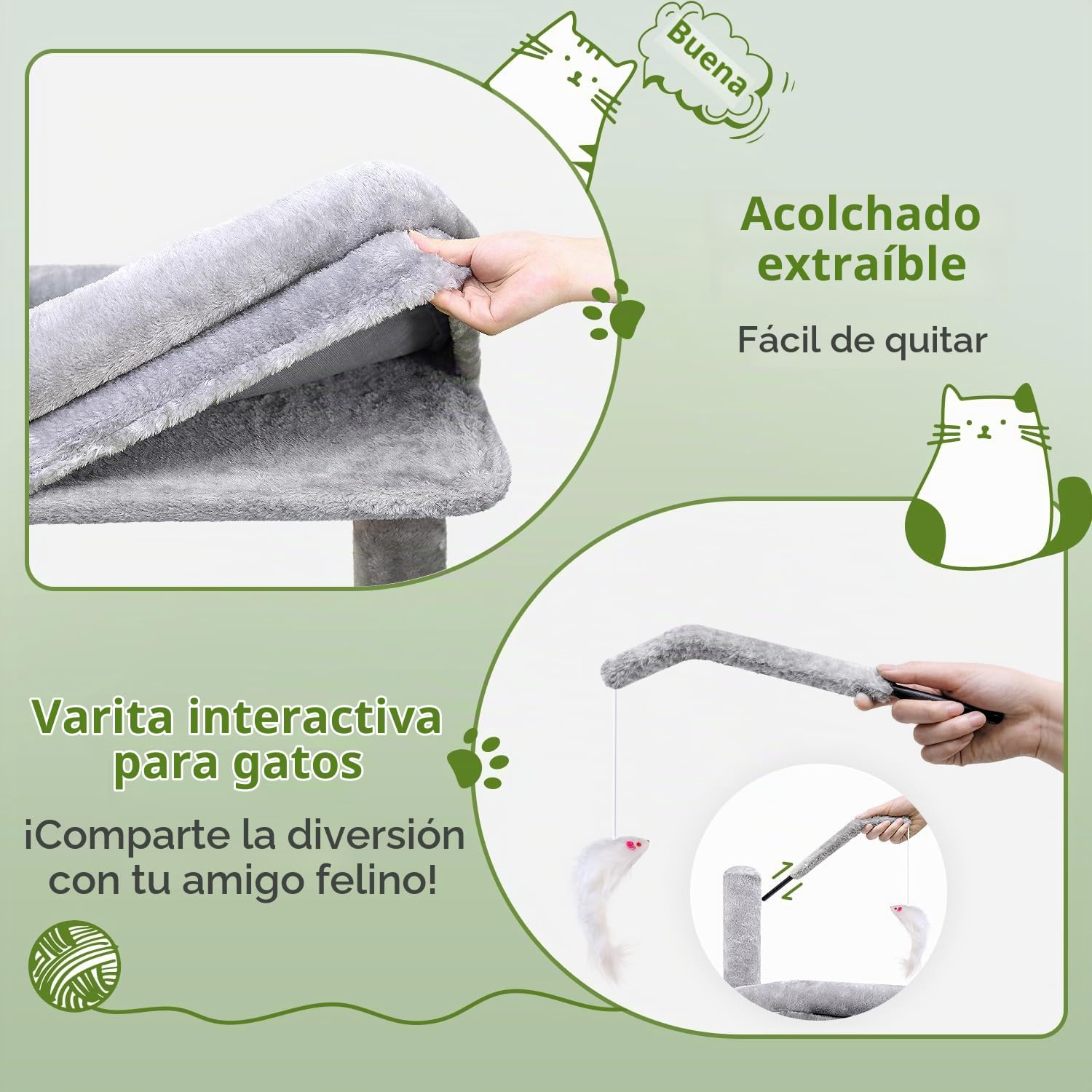 Globlazer Árbol Rascador Estable con 2 Grandes Base, 2 Casas Giratorias 90°, Plataforma Acolchada, Pendiente de Sisal, Arbol Rascador para Grande Gato Ancianos Gatitos Interior (F50, Gris Claro)